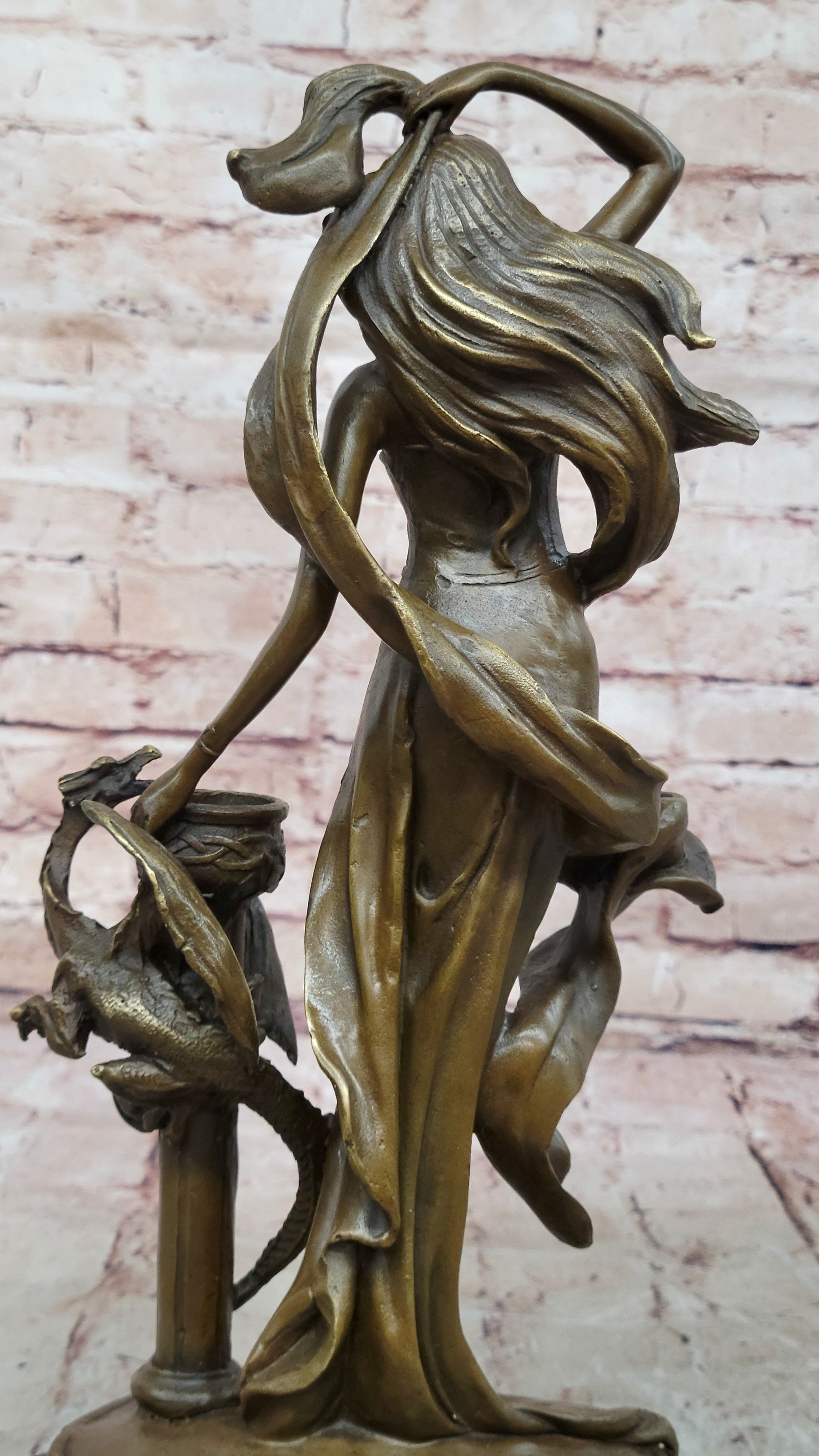 Signed Original Floral Goddess Candle Holder Bronze Marble Sculpture Statue De
