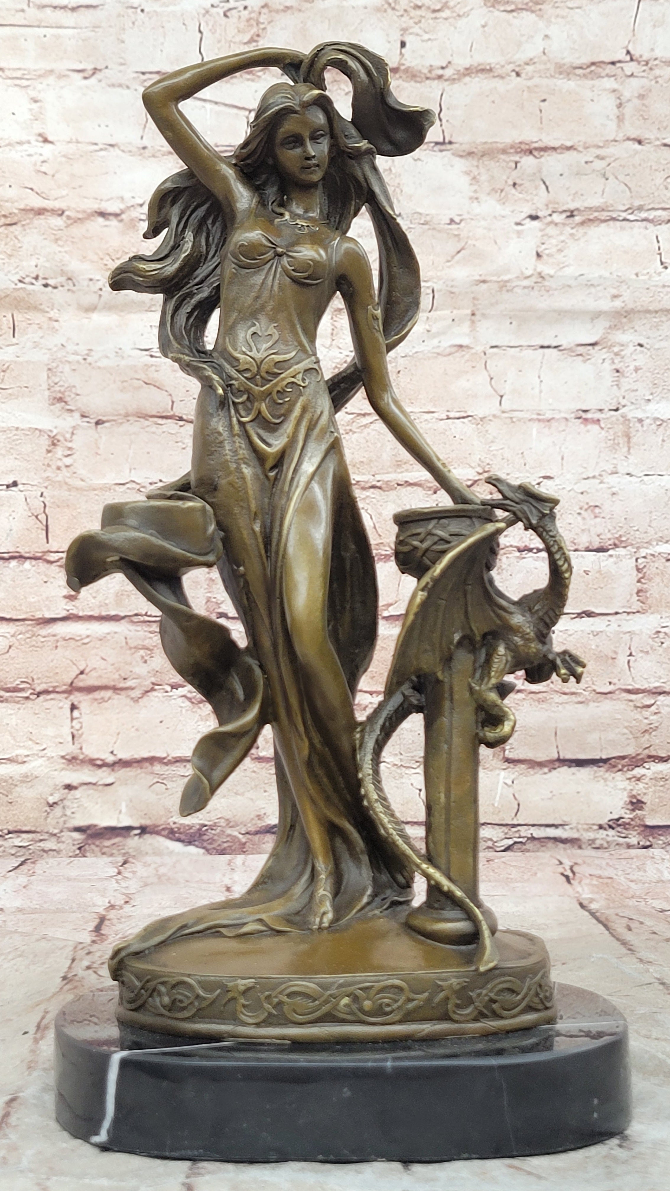 Signed Original Floral Goddess Candle Holder Bronze Marble Sculpture Statue De