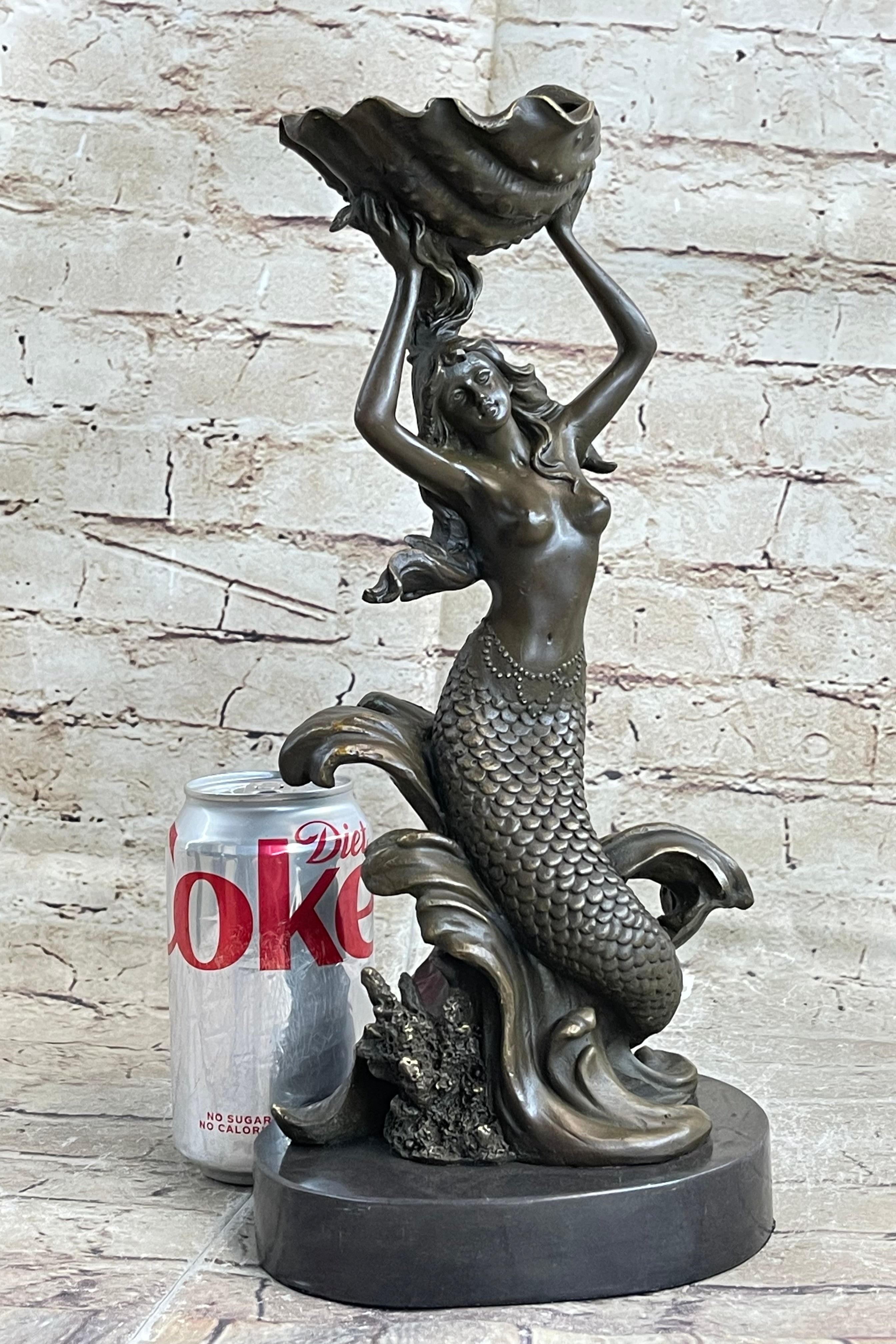 Hot Cast Nude Mermaid with Shell Candelabra Bronze Mythical Figurine-Figure Art