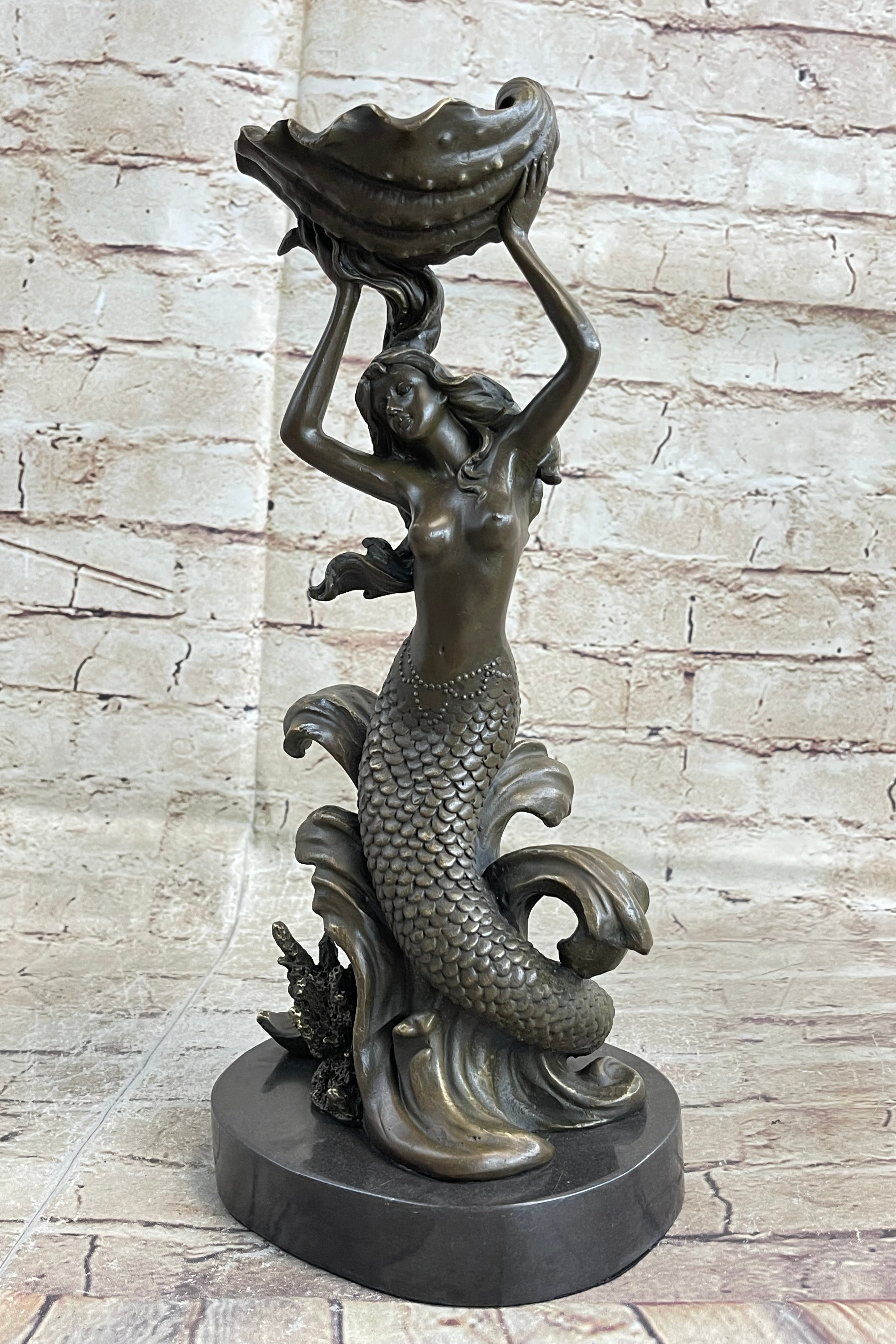 Hot Cast Nude Mermaid with Shell Candelabra Bronze Mythical Figurine-Figure Art