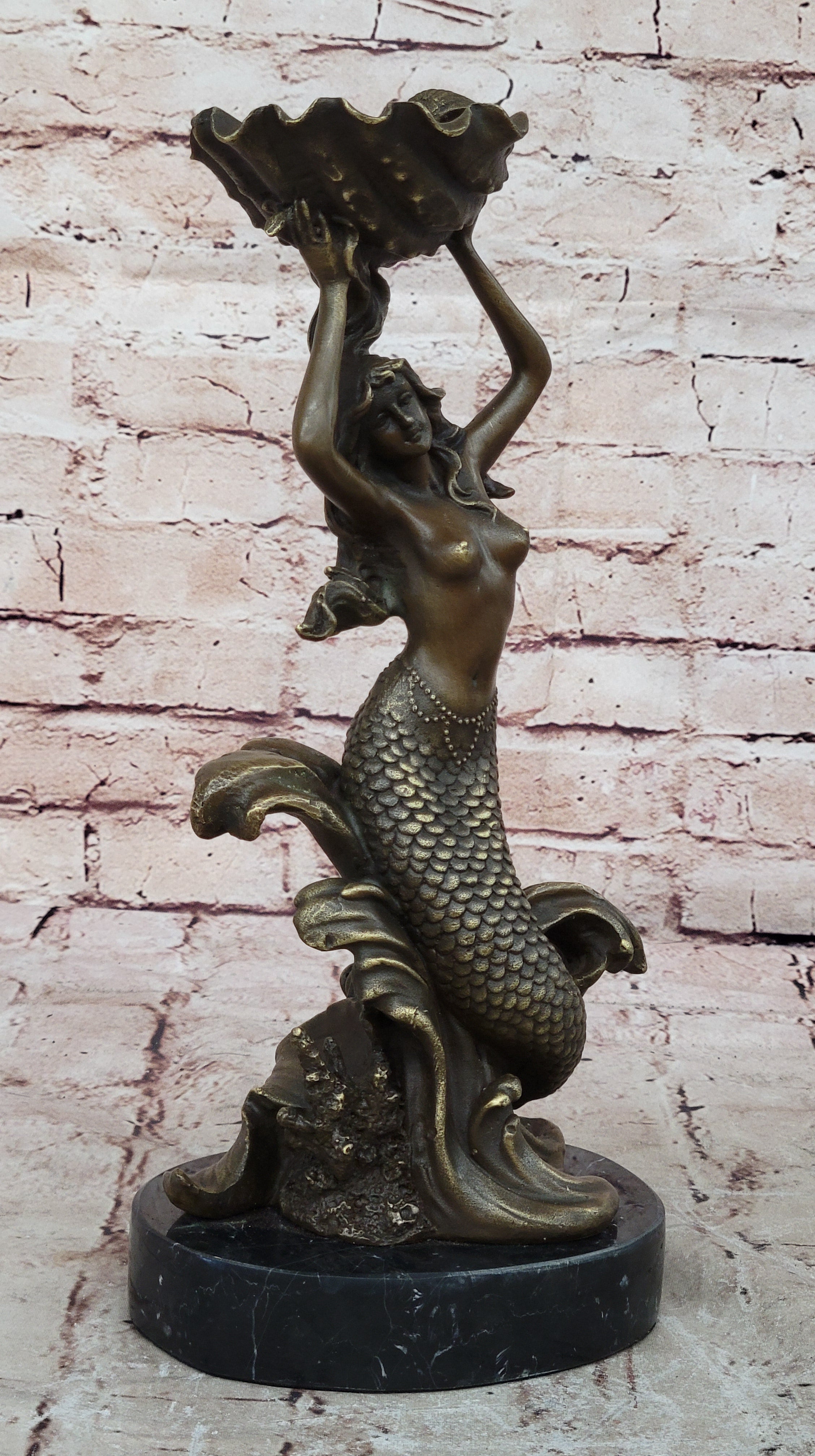 Hot Cast Nude Mermaid with Shell Candelabra Bronze Mythical Figurine-Figure Art