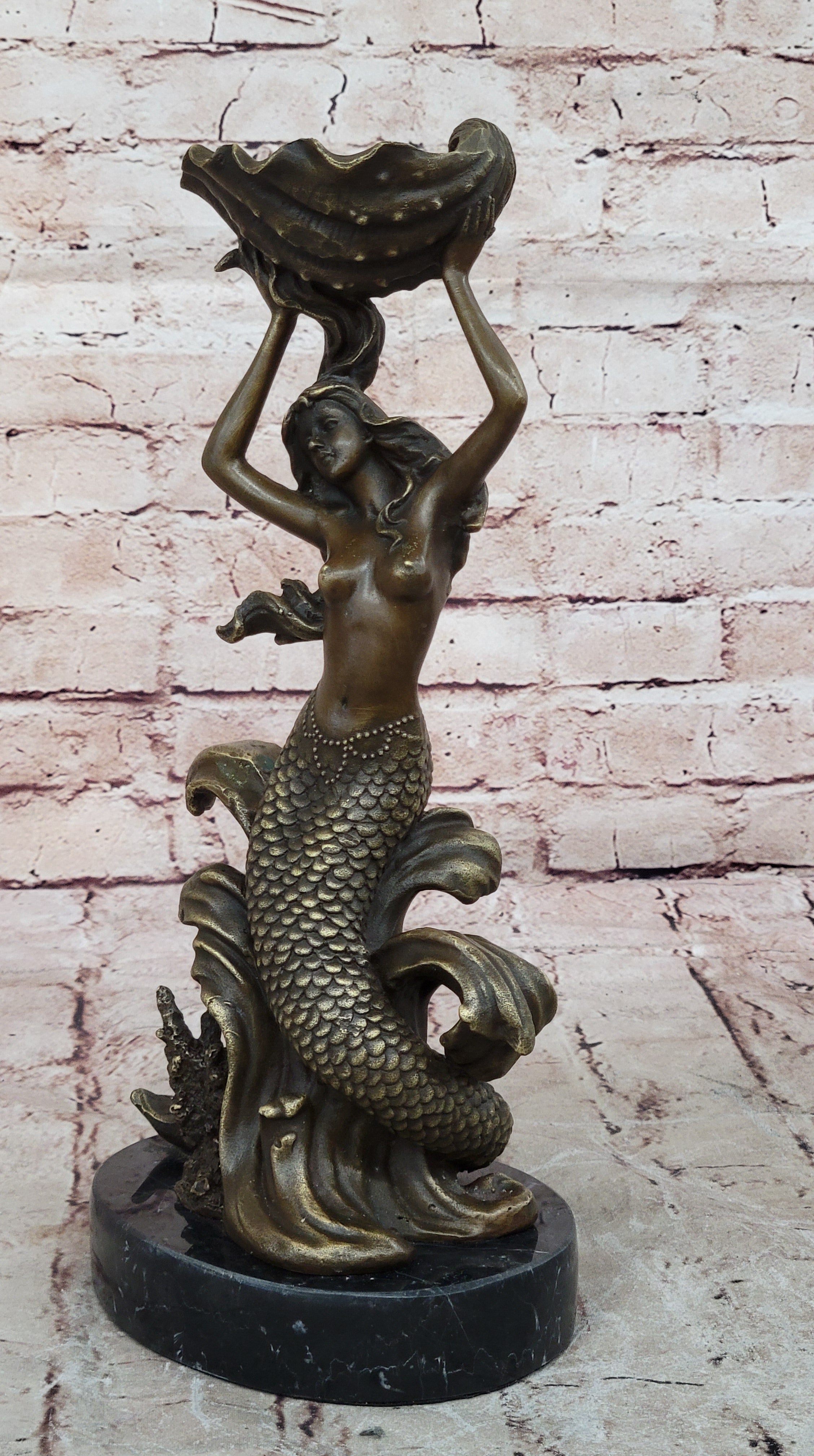 Hot Cast Nude Mermaid with Shell Candelabra Bronze Mythical Figurine-Figure Art