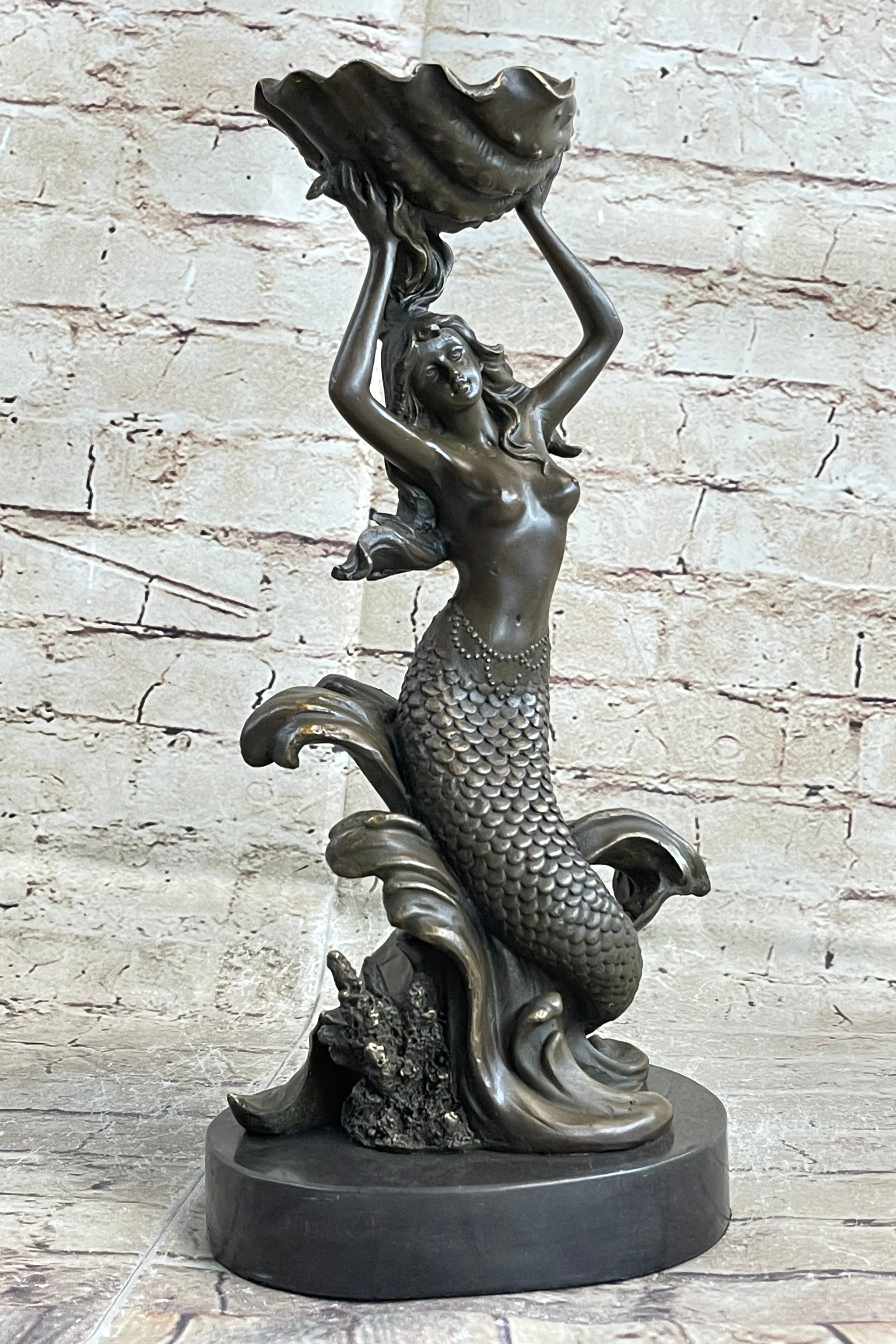 Hot Cast Nude Mermaid with Shell Candelabra Bronze Mythical Figurine-Figure Art