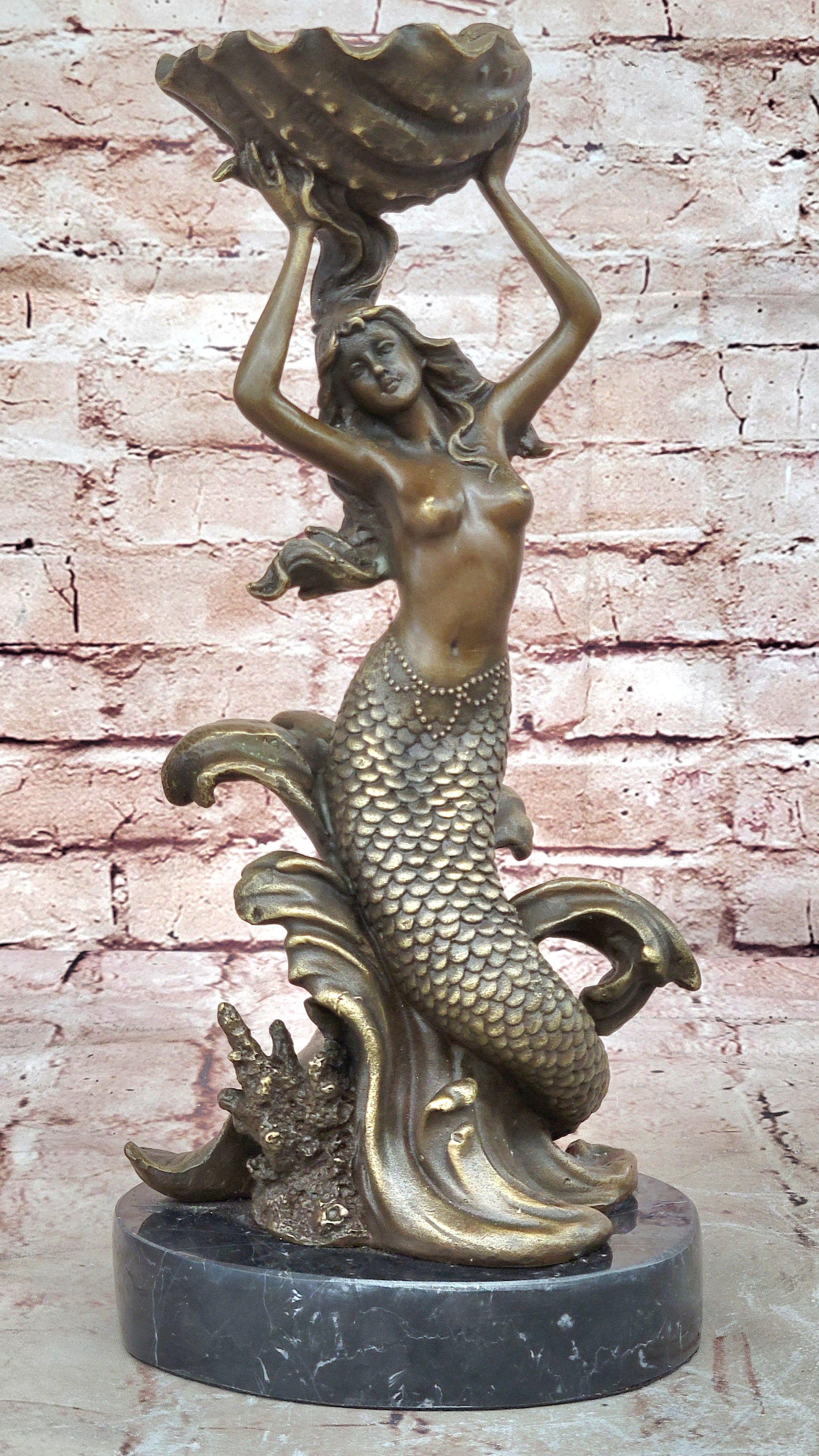 Hot Cast Nude Mermaid with Shell Candelabra Bronze Mythical Figurine-Figure Art