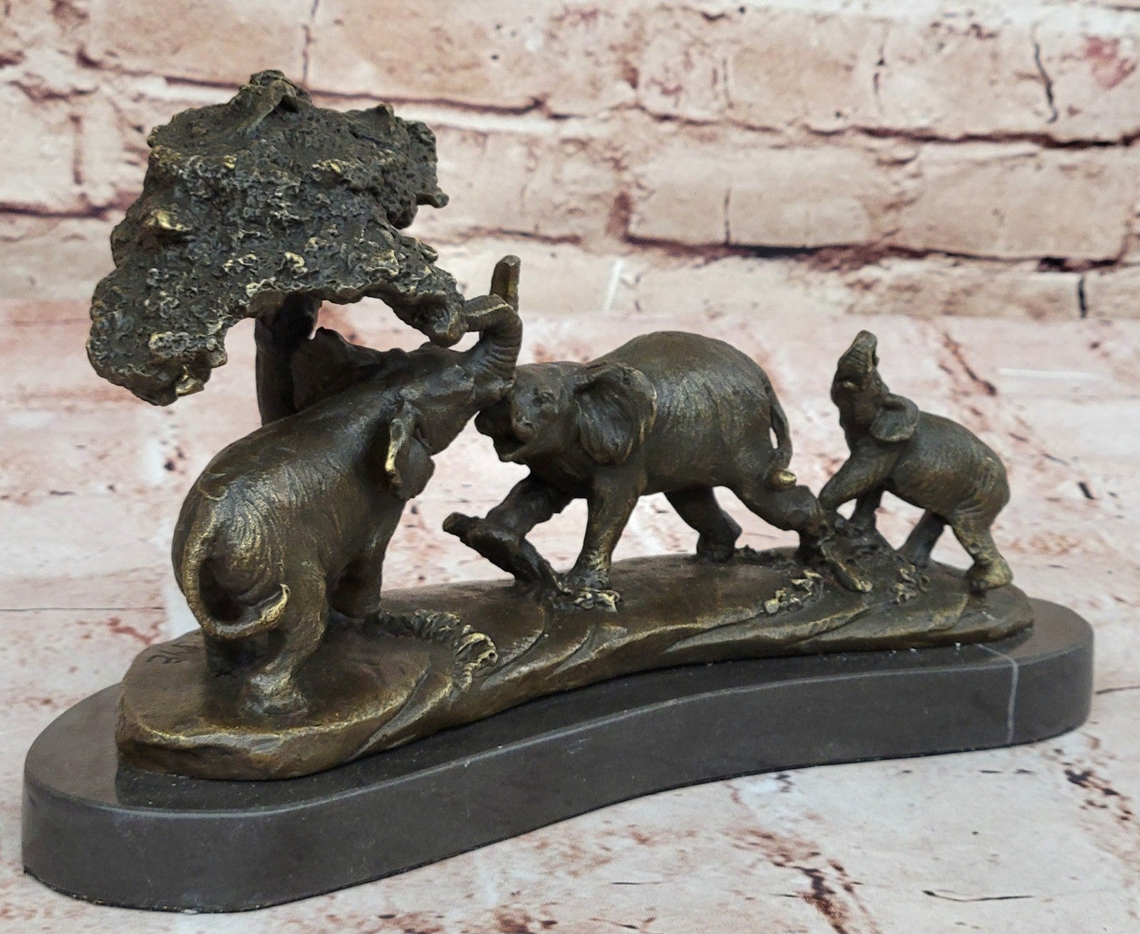 Art Deco Hot Cast Elephant Family With Tree Bronze Sculpture Marble Statue Gift
