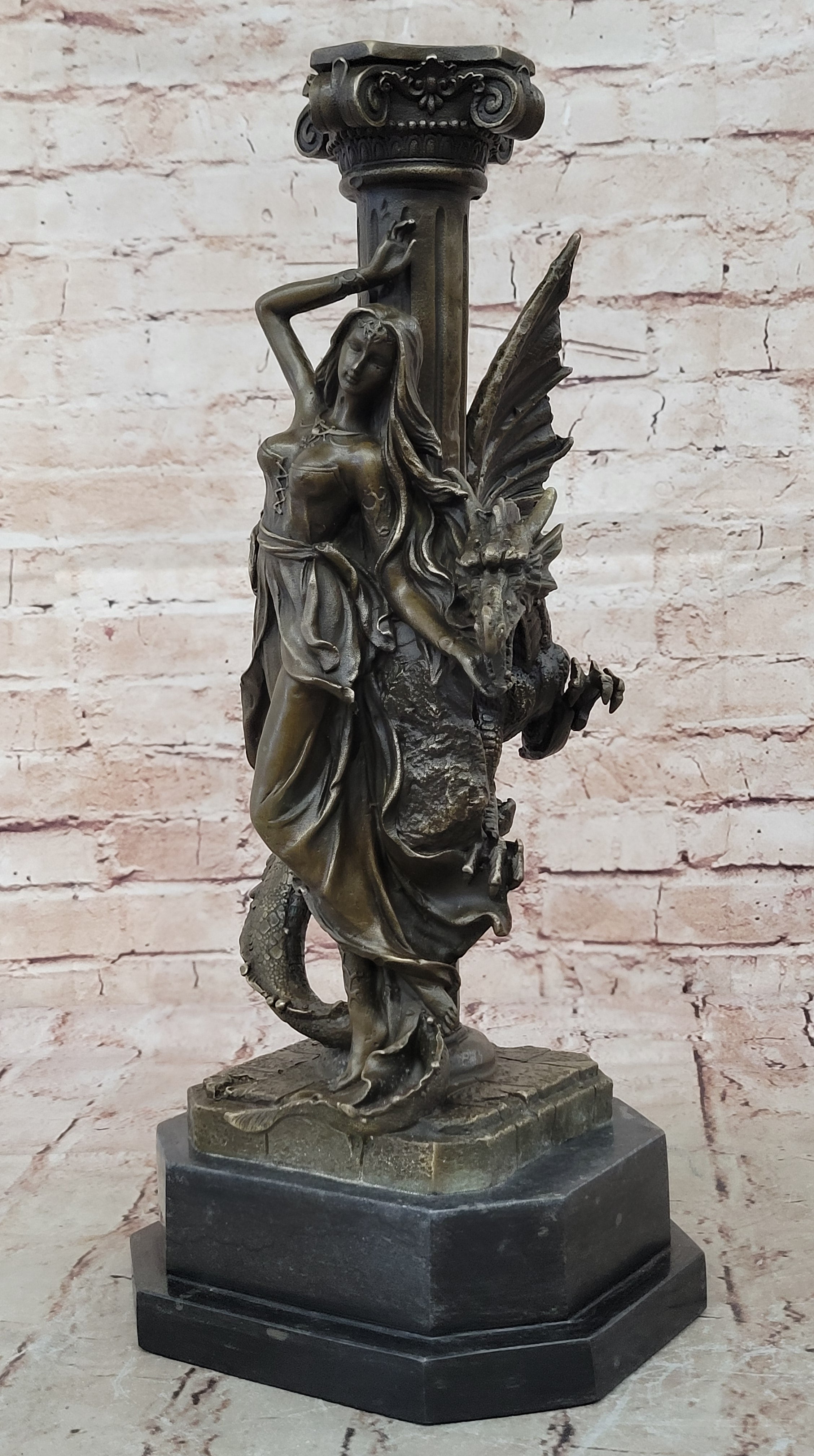 Mythology Signed Original French Artist Jean Patoue Lady and Dragon Bronze Statu
