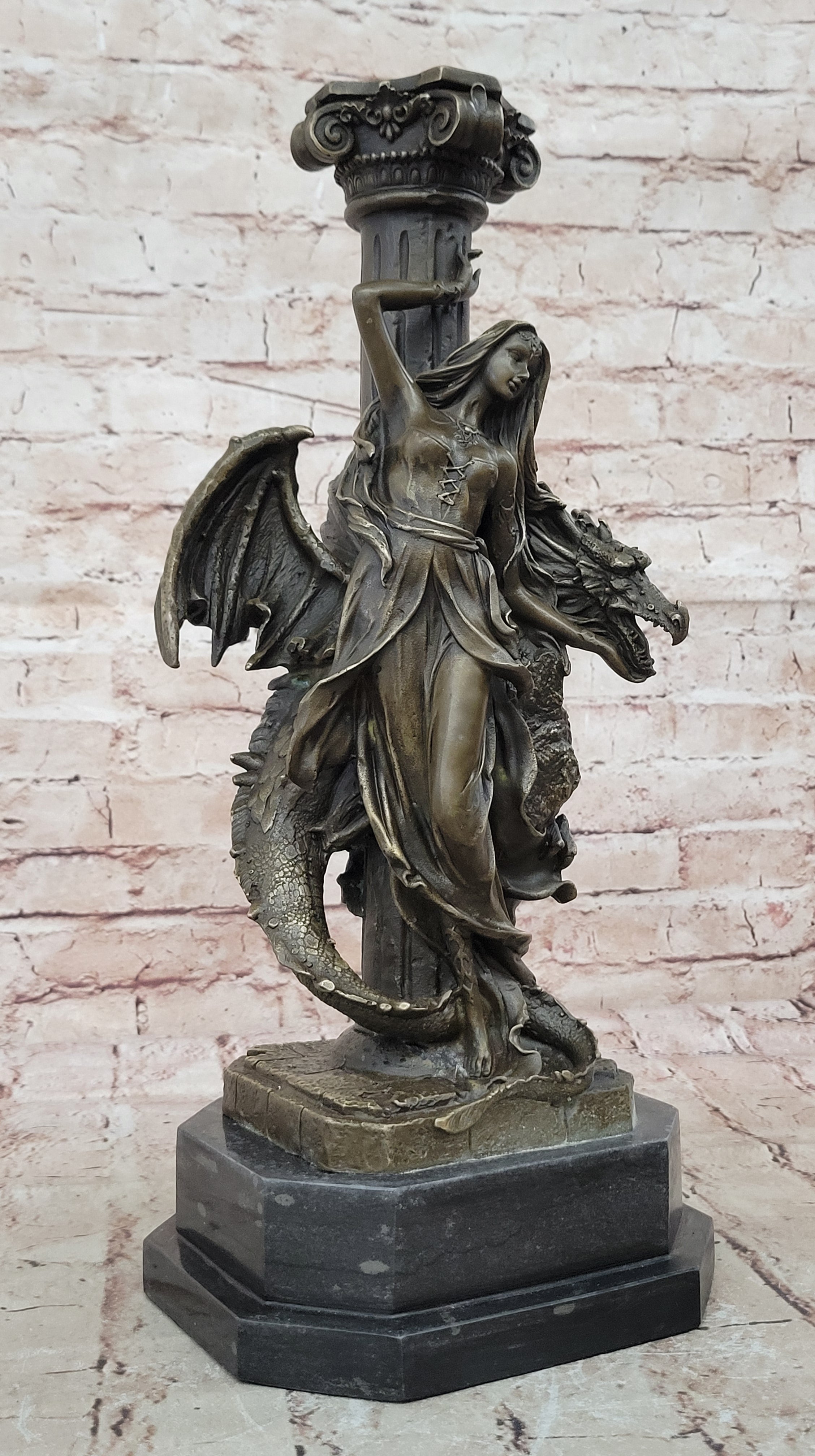 Mythology Signed Original French Artist Jean Patoue Lady and Dragon Bronze Statu