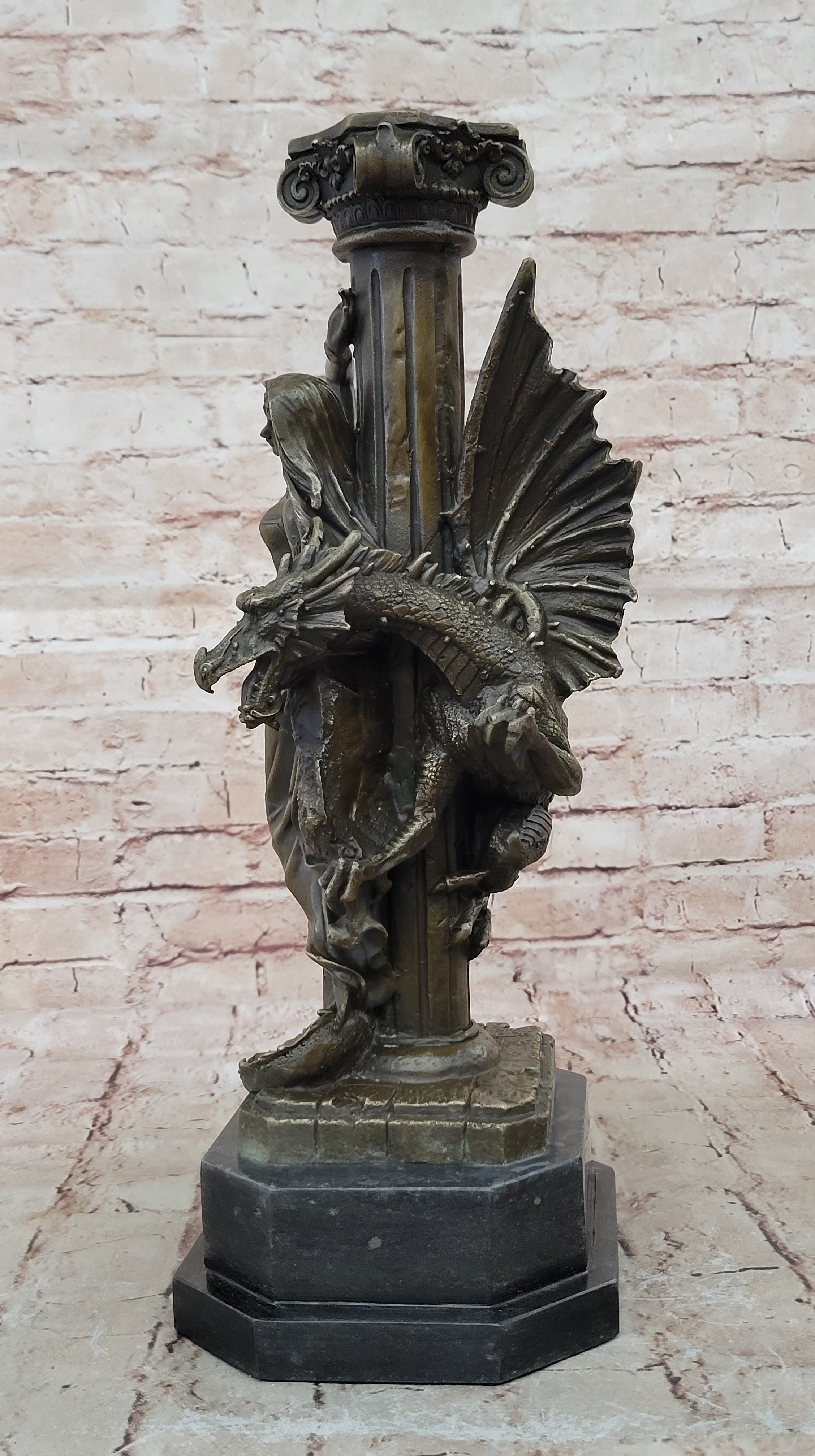 Mythology Signed Original French Artist Jean Patoue Lady and Dragon Bronze Statu