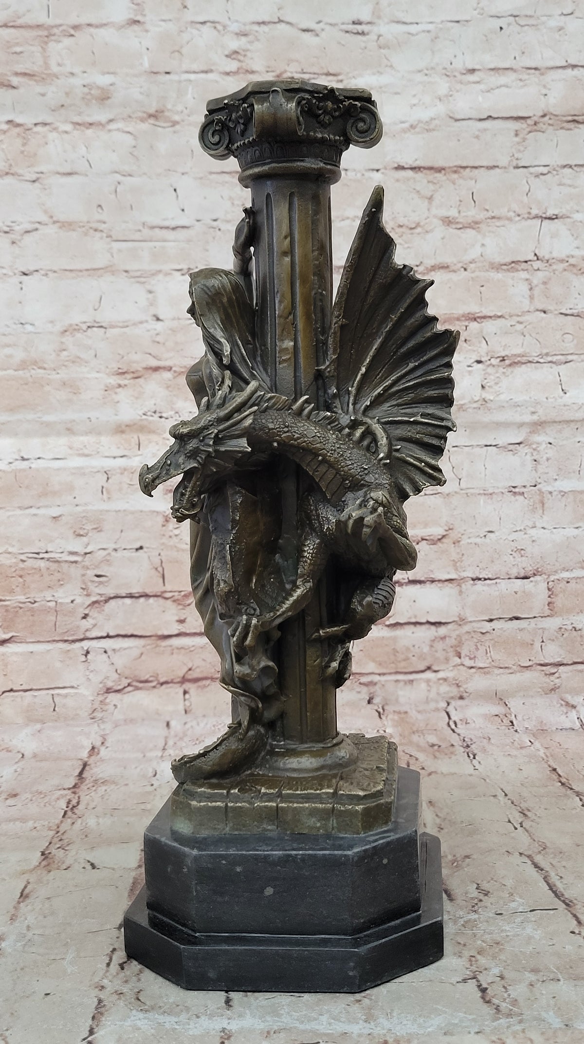Mythology Signed Original French Artist Jean Patoue Lady and Dragon Bronze Statu