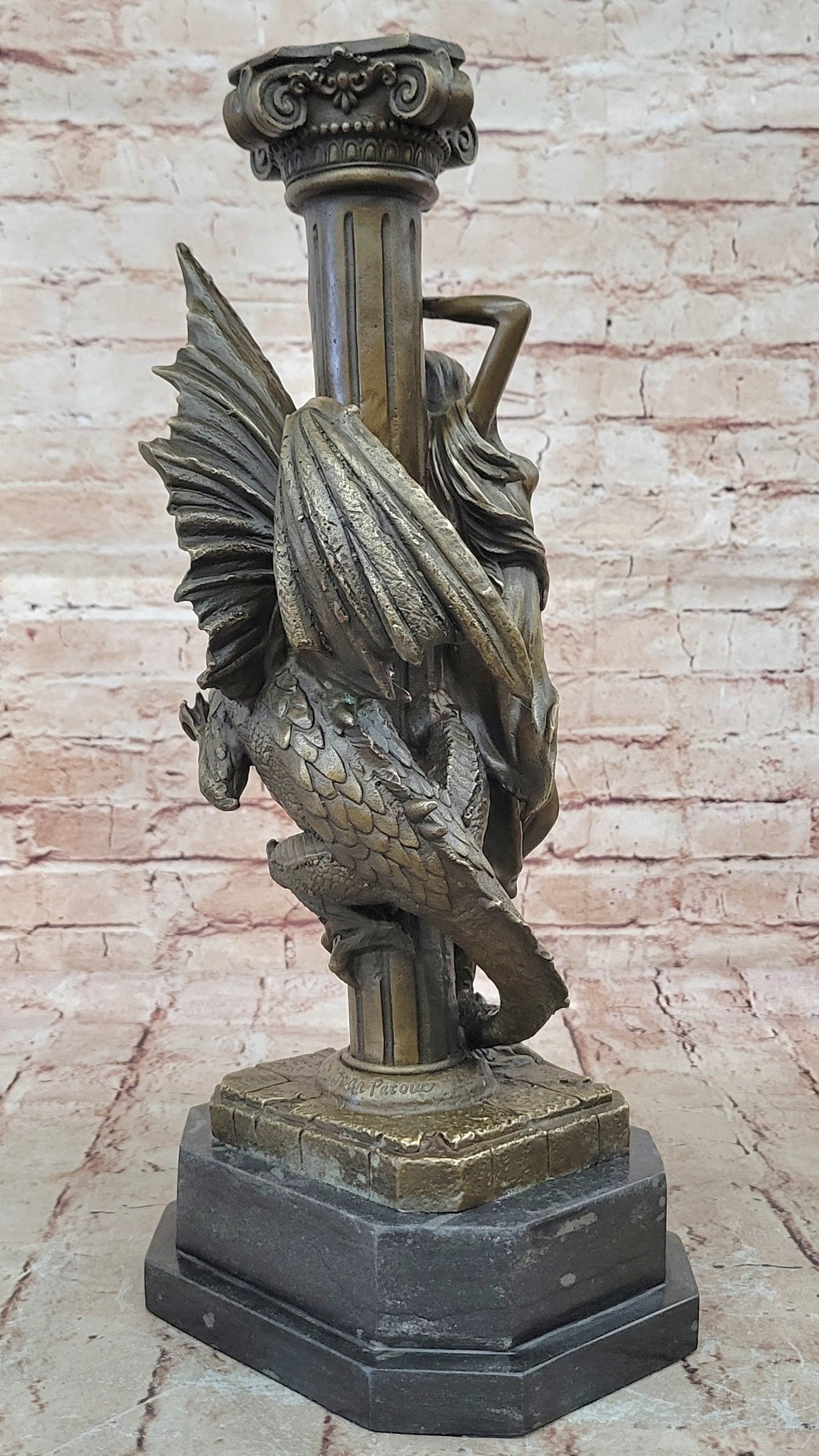 Mythology Signed Original French Artist Jean Patoue Lady and Dragon Bronze Statu