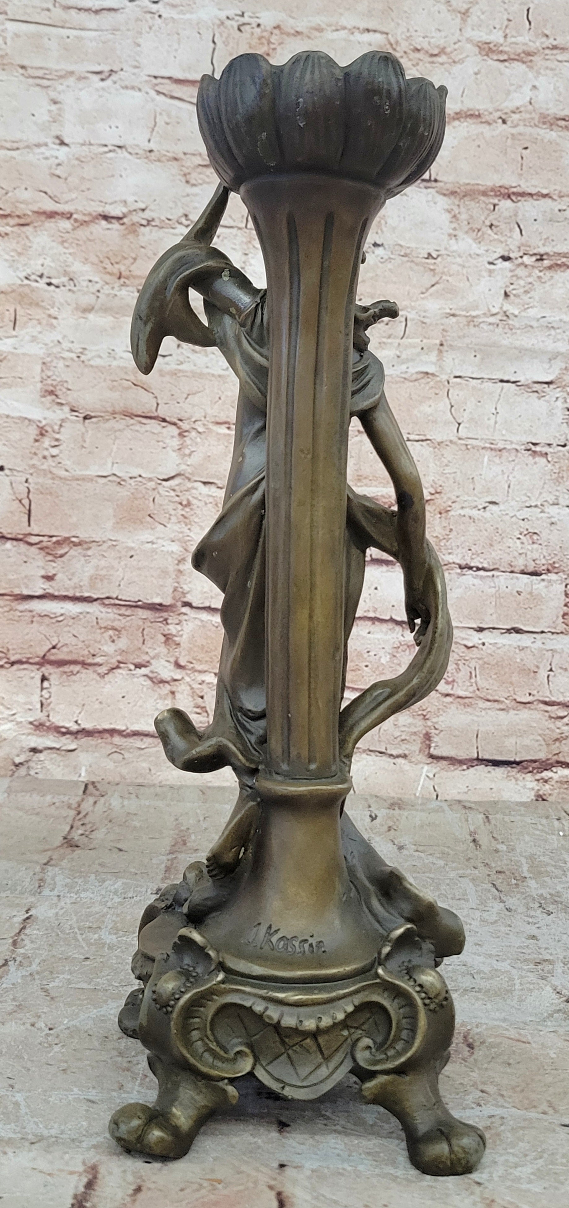Signed Original Floral Goddess Candle Holder Bronze Marble Sculpture Statue Deal