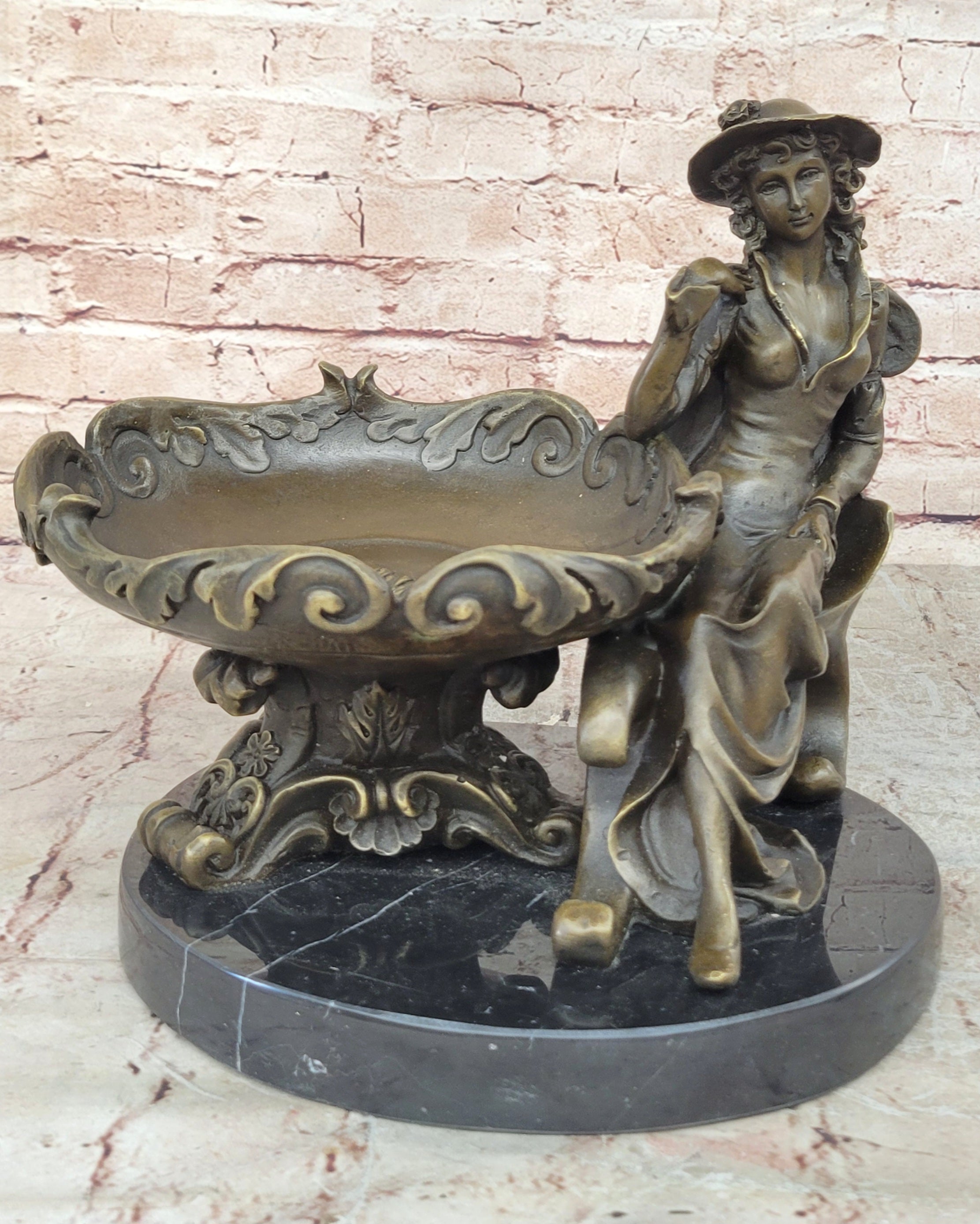 Art Nouveau Bronze Tray Decorative Business Card Holder with Woman Sculpture Hand Made
