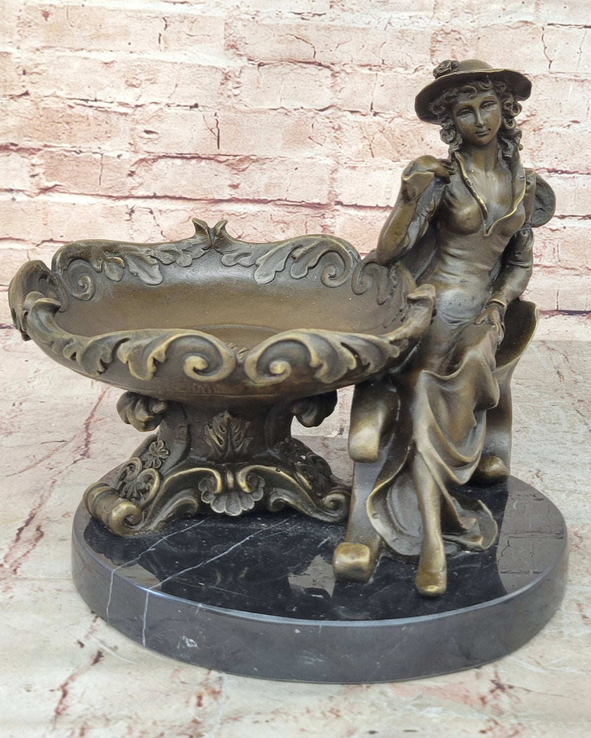 Art Nouveau Bronze Tray Decorative Business Card Holder with Woman Sculpture Hand Made
