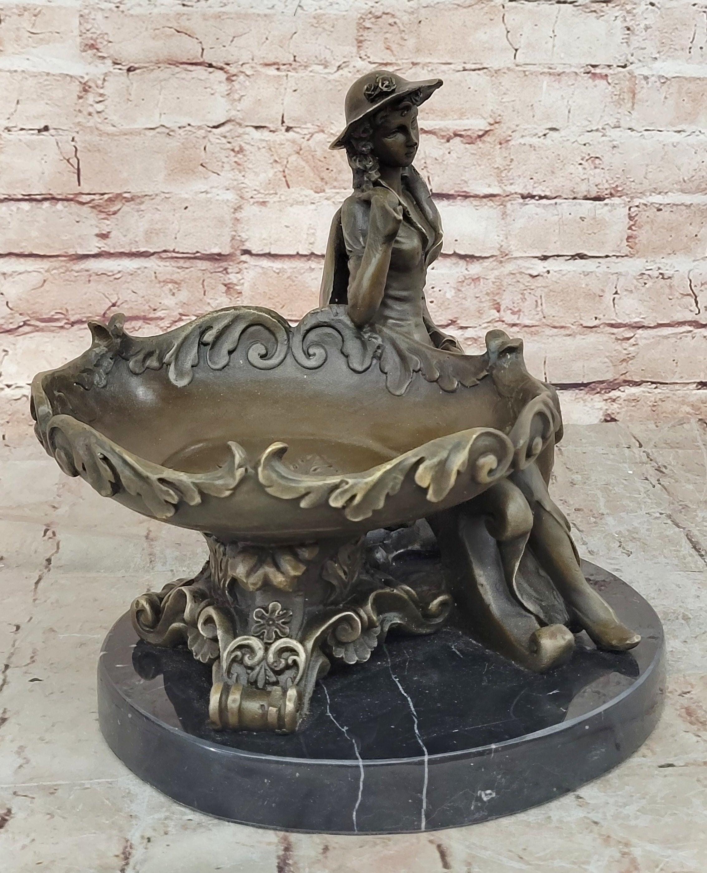 Art Nouveau Bronze Tray Decorative Business Card Holder with Woman Sculpture Hand Made
