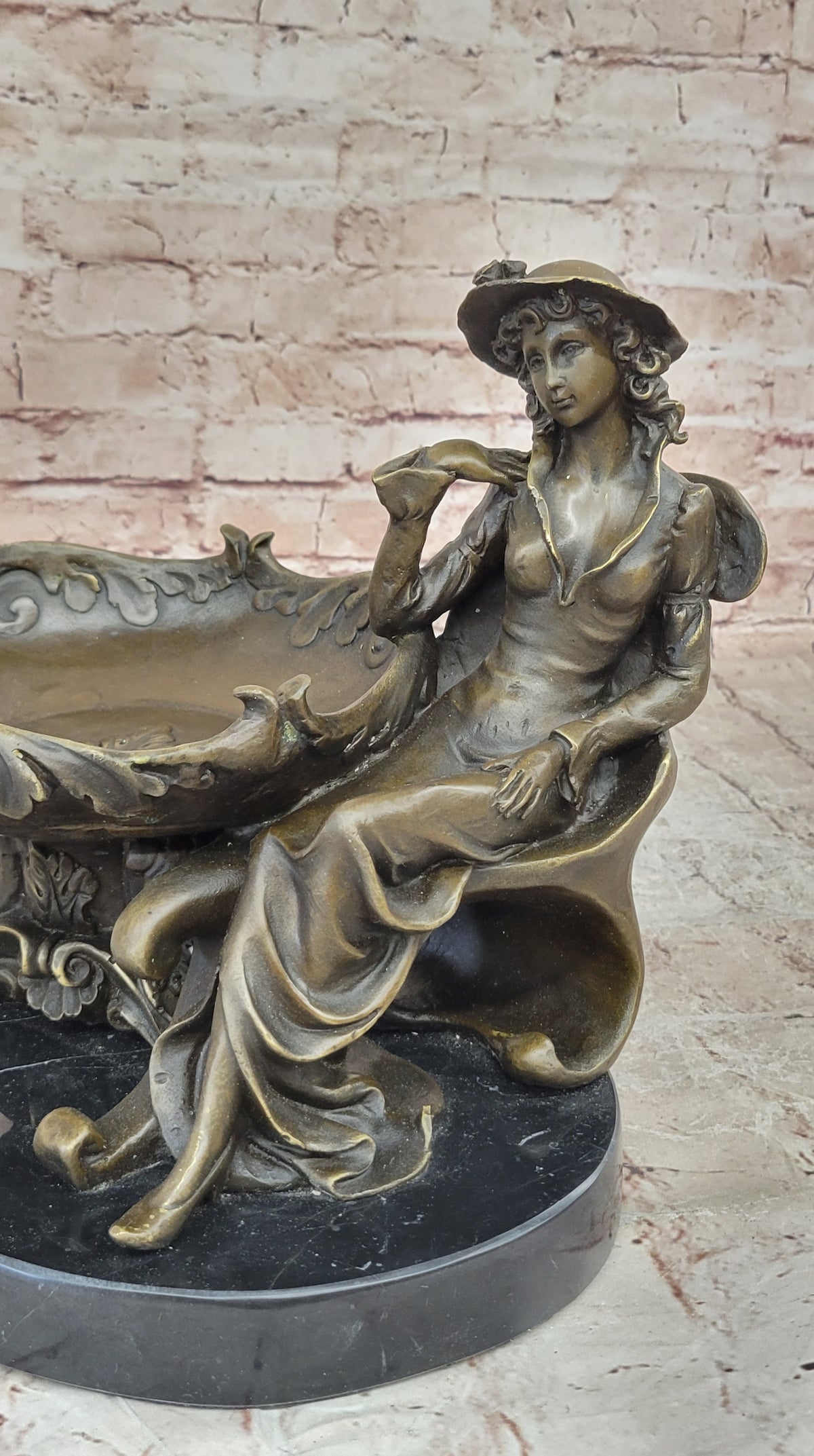 Art Nouveau Bronze Tray Decorative Business Card Holder with Woman Sculpture Hand Made