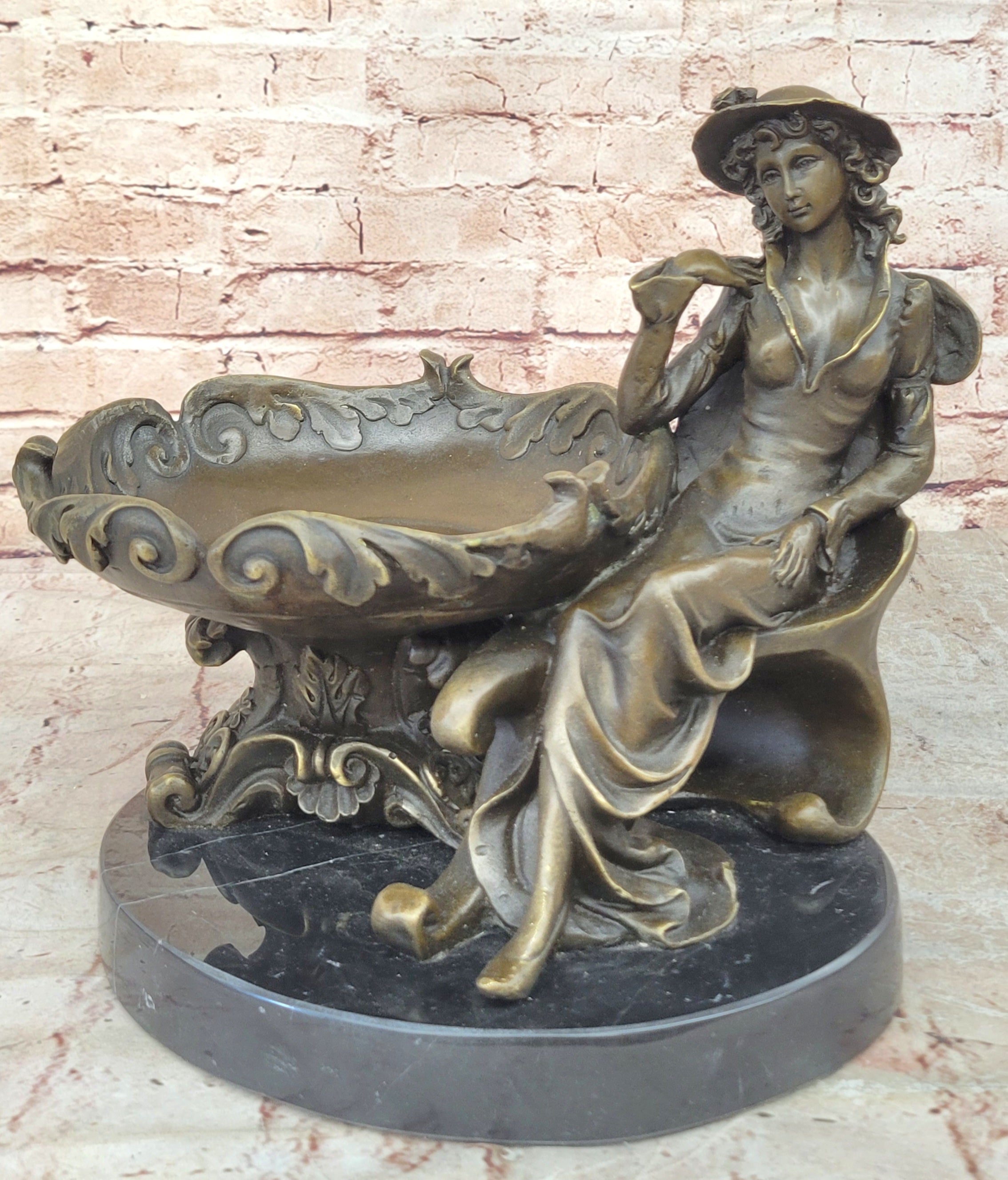 Art Nouveau Bronze Tray Decorative Business Card Holder with Woman Sculpture Hand Made
