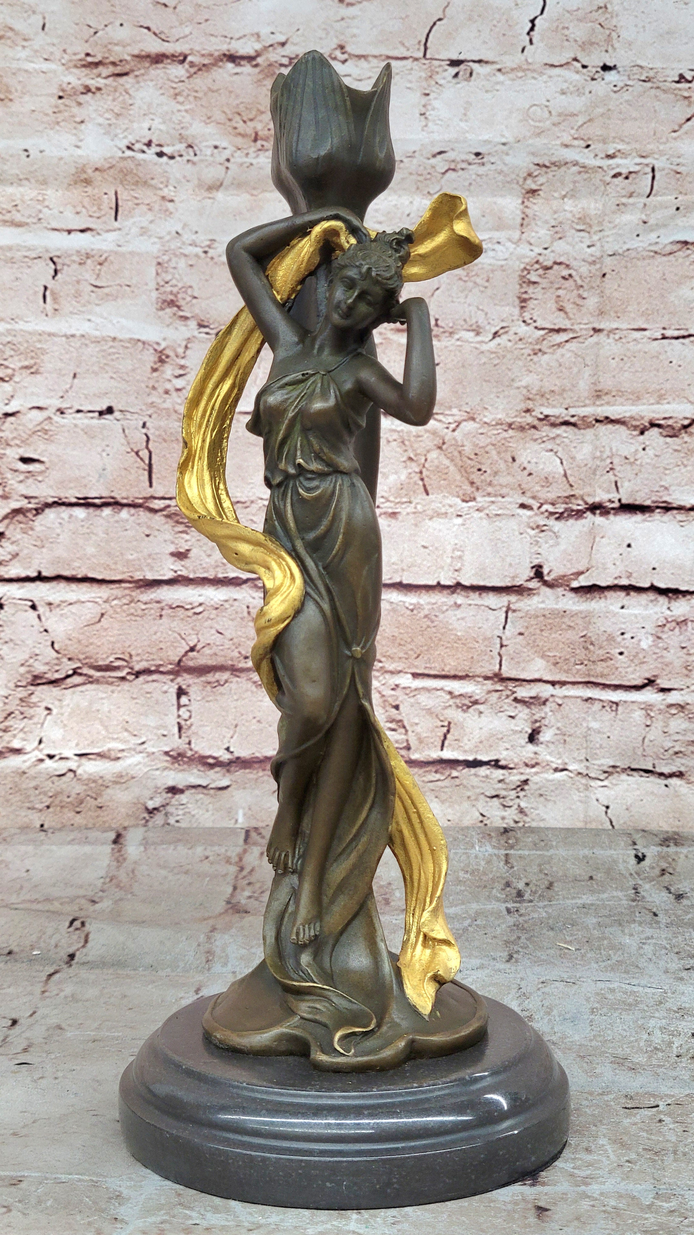 Art Nouveau Proper Young Lady Bronze Sculpture Marble Base Figurine Statue