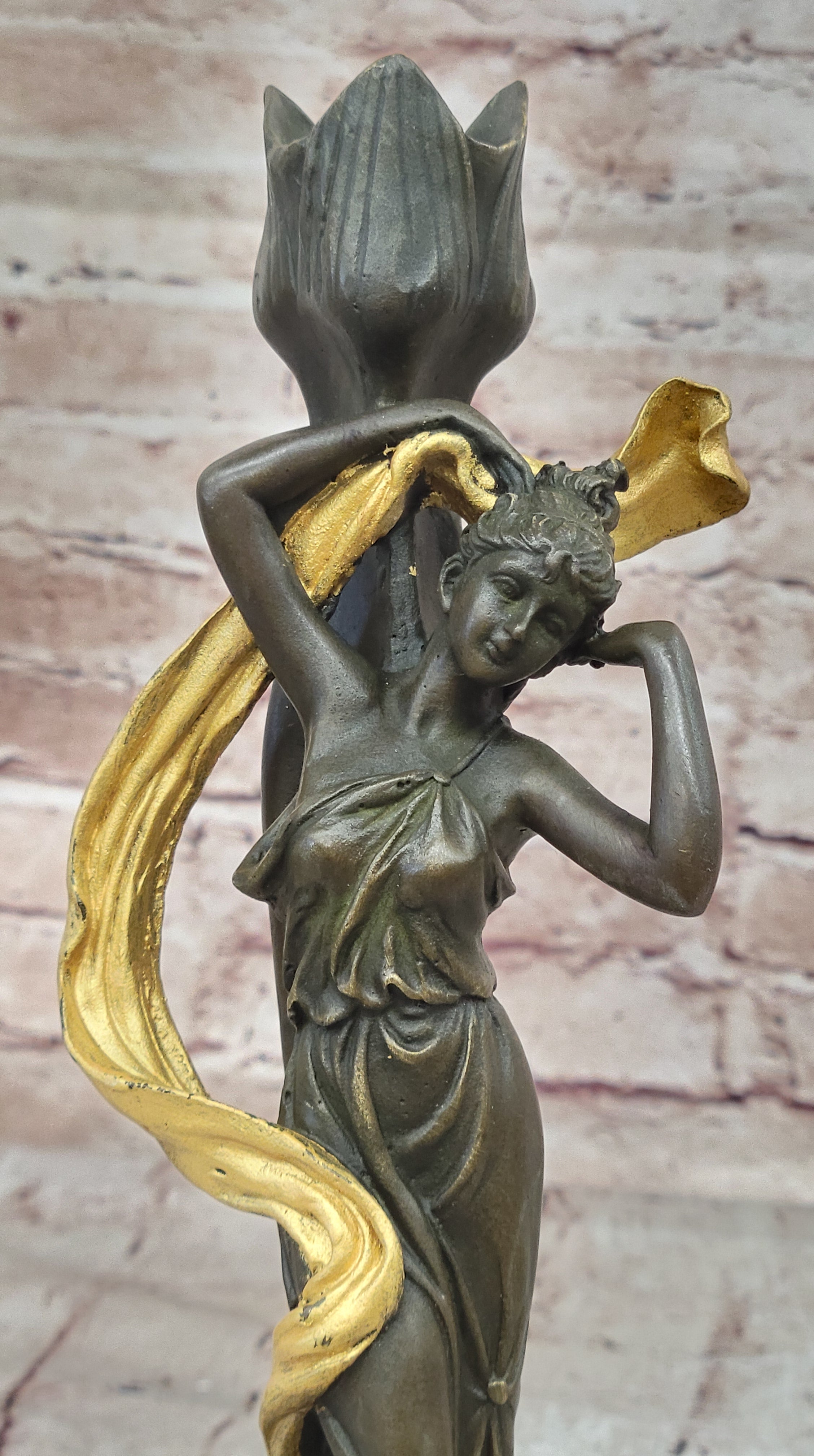 Art Nouveau Proper Young Lady Bronze Sculpture Marble Base Figurine Statue