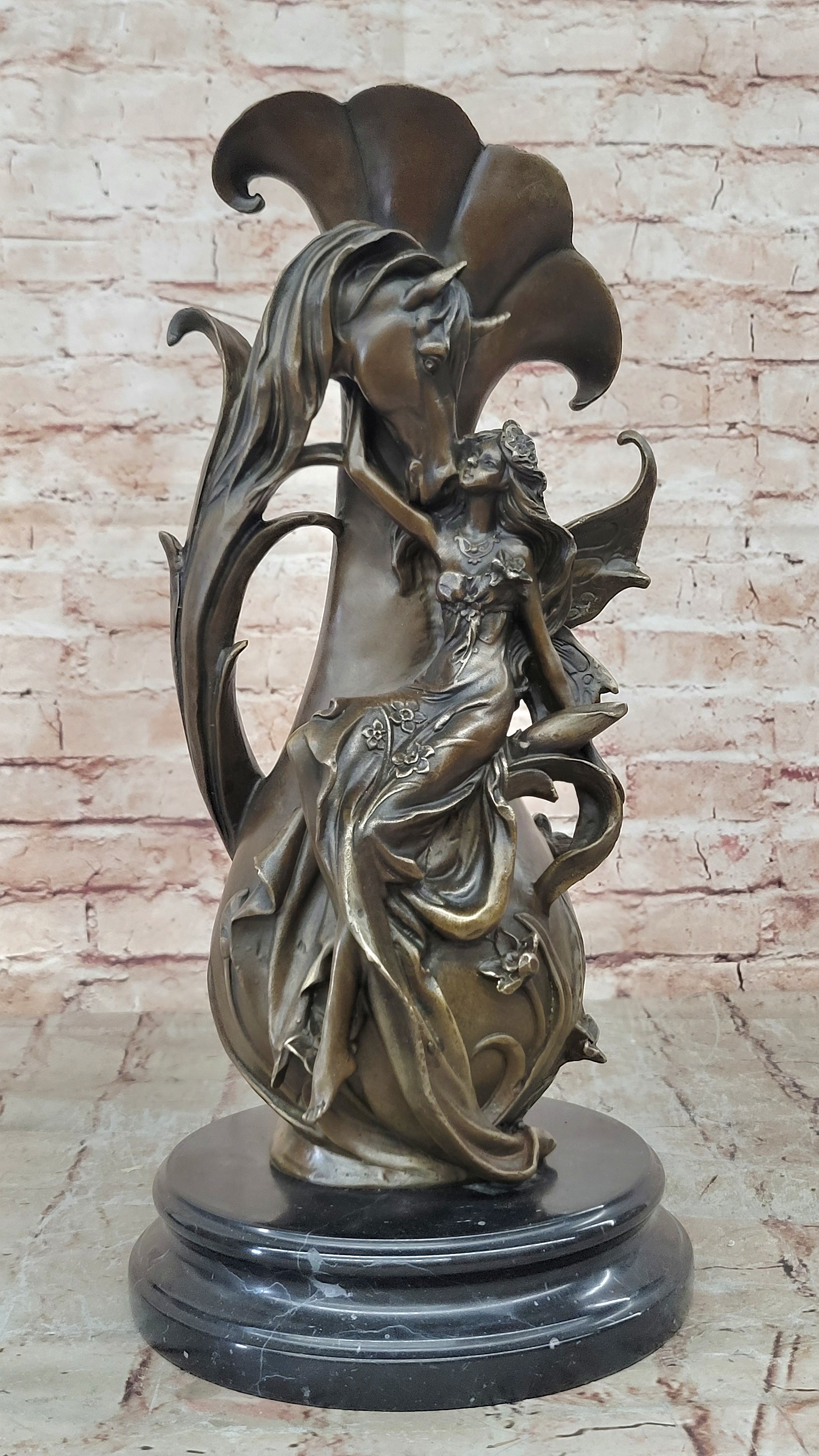 Original Bronze Vase with Fairy and Unicorn by Kassin - Classic Home Mantle Decor