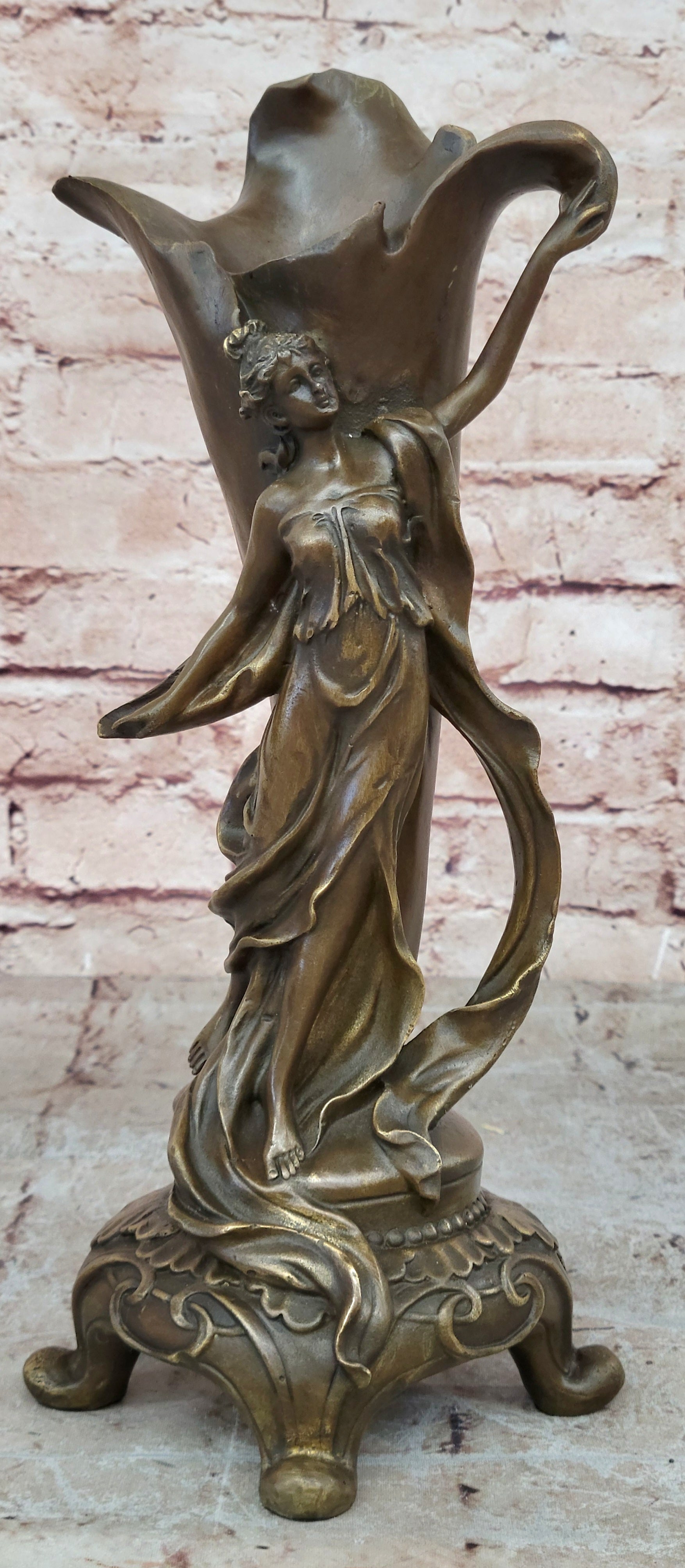 Fine Original Art Nouveau Bronze Sculpture Vase w/ Nude Woman Kassin 1985 Artwork