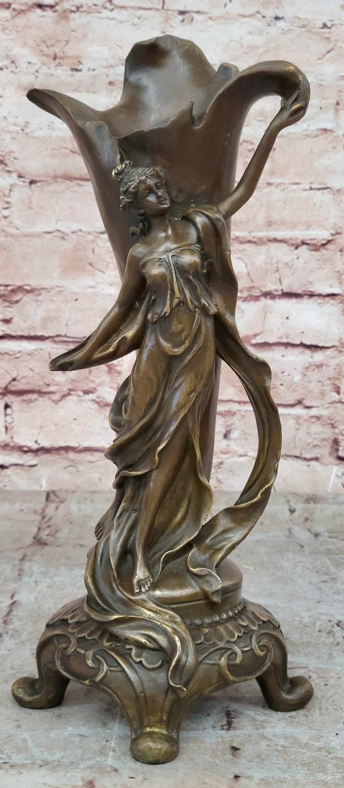Fine Original Art Nouveau Bronze Sculpture Vase w/ Nude Woman Kassin 1985 Artwork
