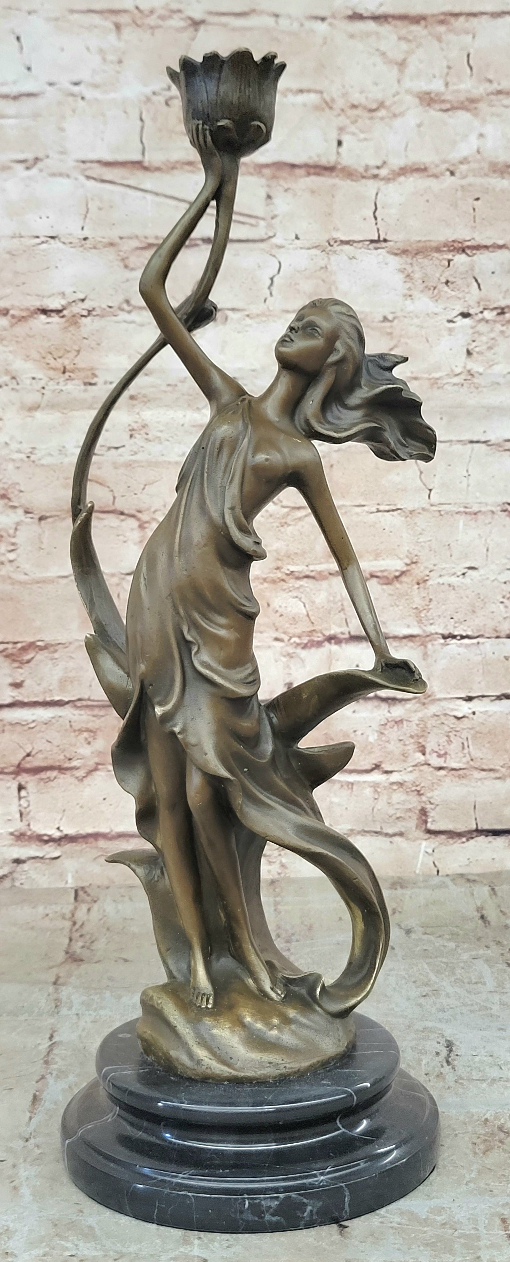 Elegant Woman Bronze Sculpture Candle Holder Statue Handcrafted Collectible Decor
