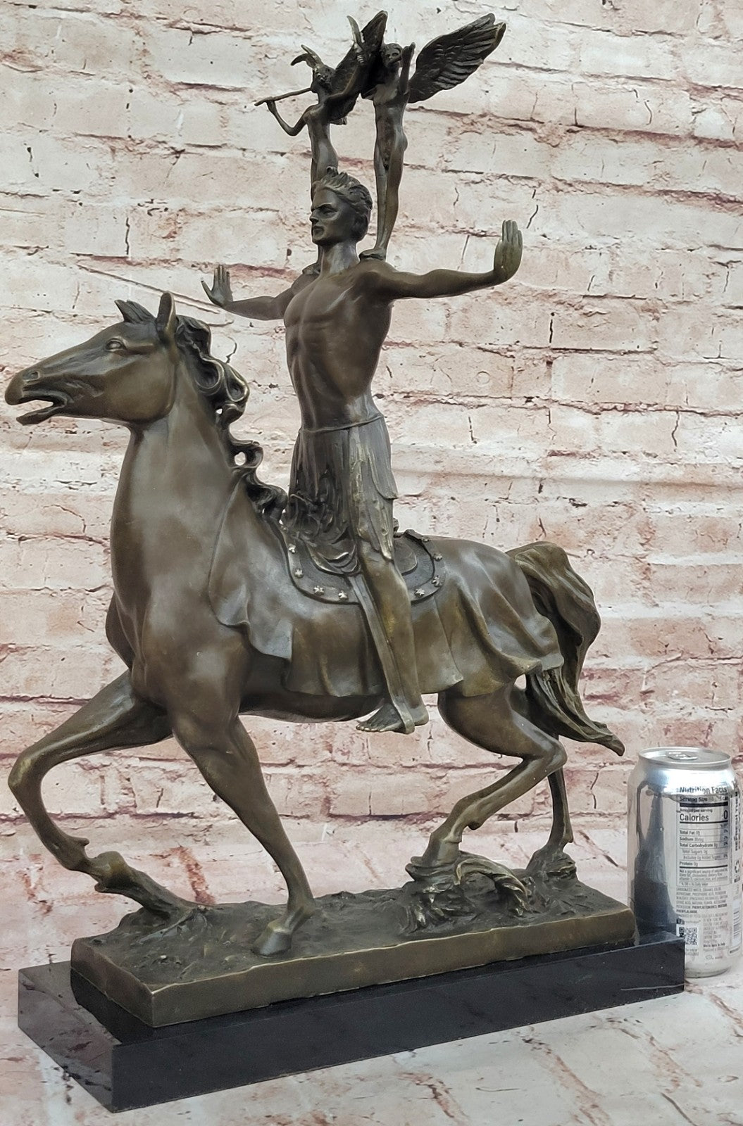 Lost Wax Nude Man Riding Horse W. angel Bronze Statue Sculpture Figure Figurine