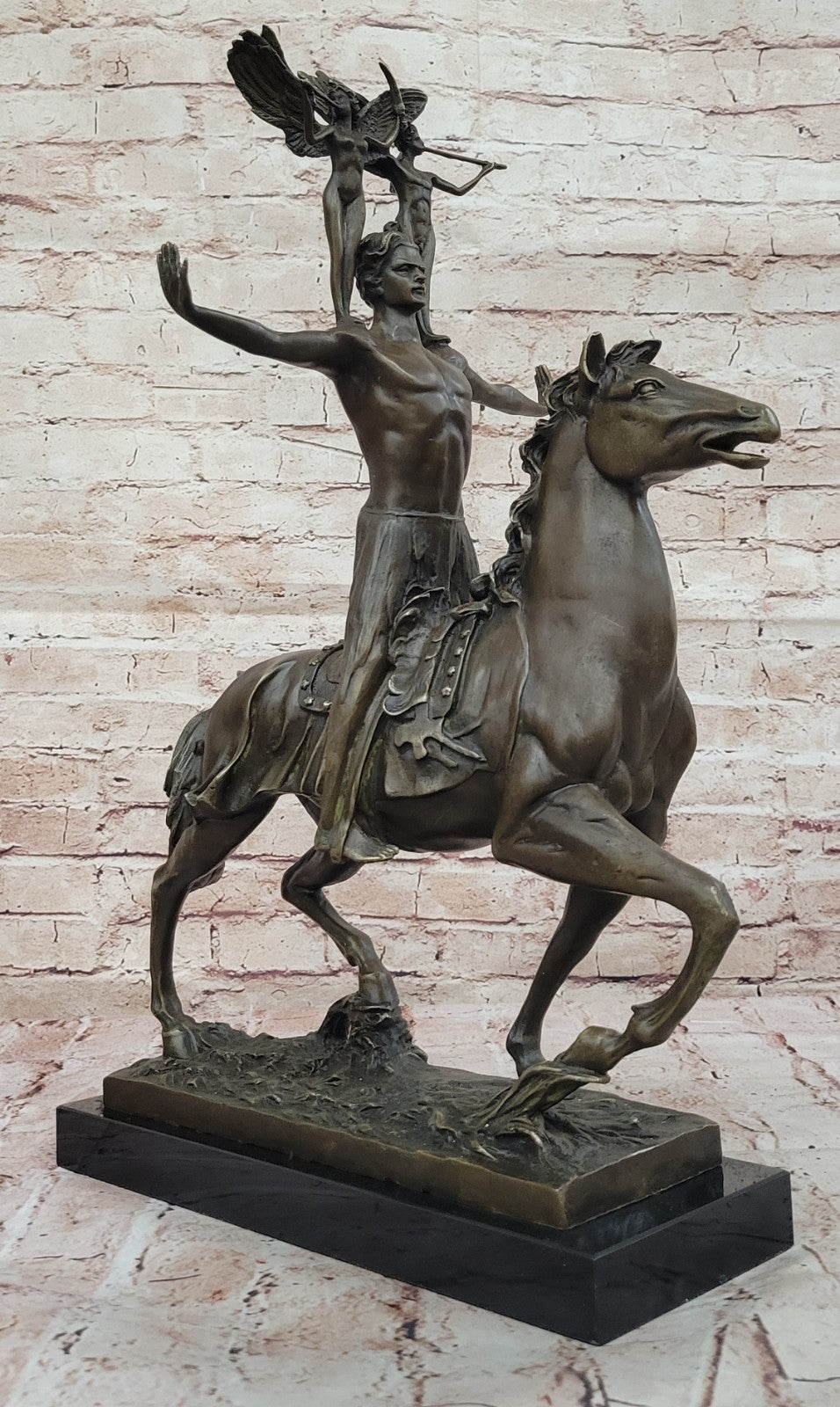 Lost Wax Nude Man Riding Horse W. angel Bronze Statue Sculpture Figure Figurine