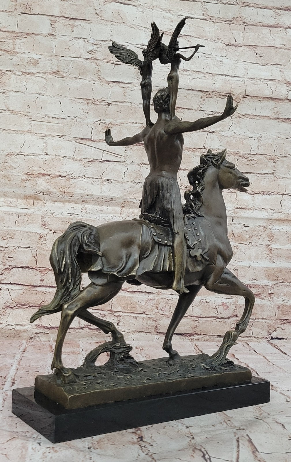 Lost Wax Nude Man Riding Horse W. angel Bronze Statue Sculpture Figure Figurine