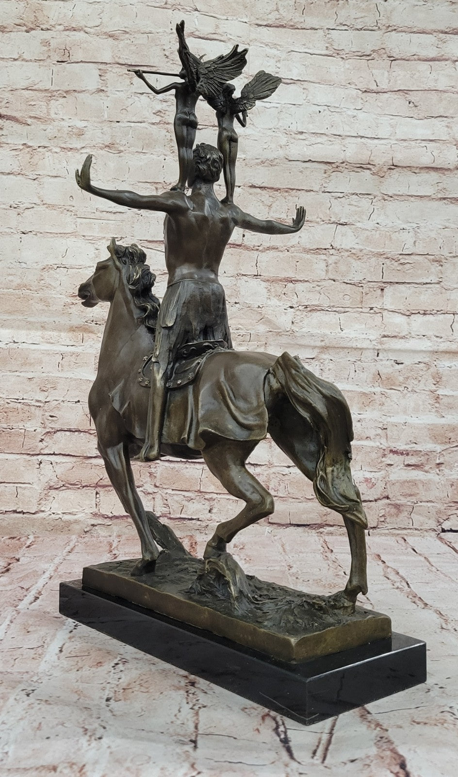 Lost Wax Nude Man Riding Horse W. angel Bronze Statue Sculpture Figure Figurine