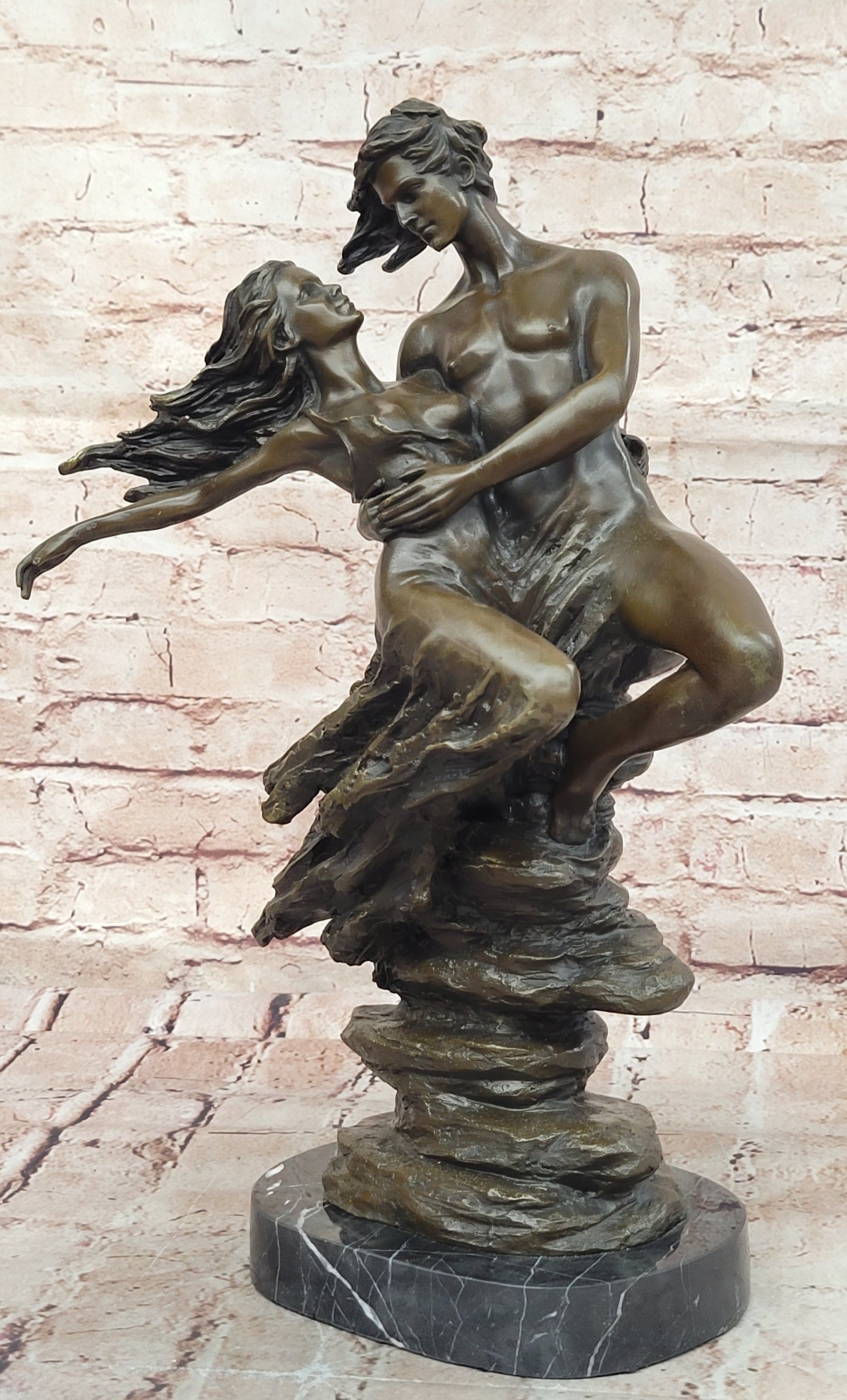 Original Aldo Vitaleh Tall Nude Lean Couple Bronze Sculpture Marble Base Statue