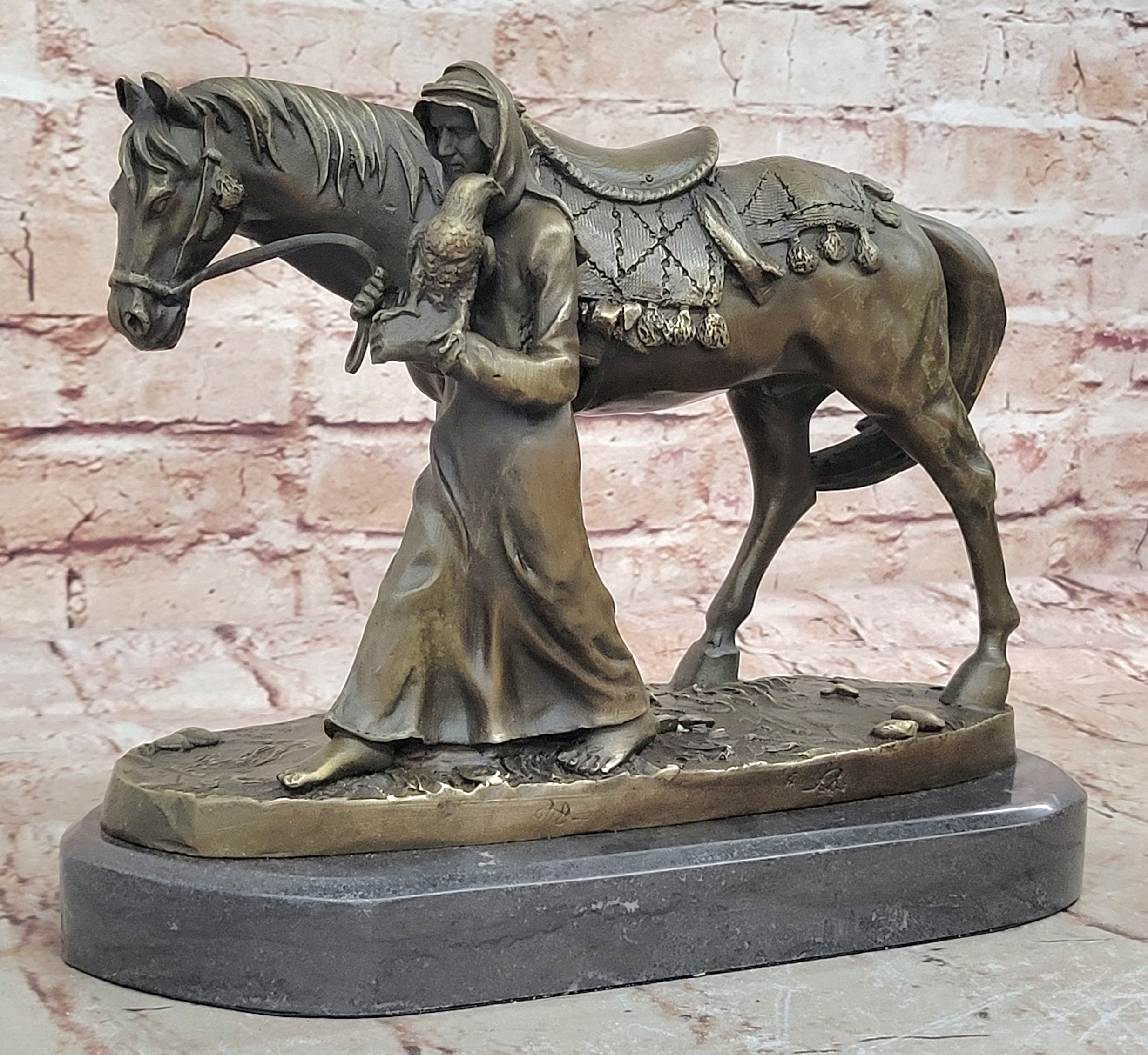 Arabian Charm: Aldo Vitaleh`s Handcrafted Bronze Statue - Arab Man with Falcon