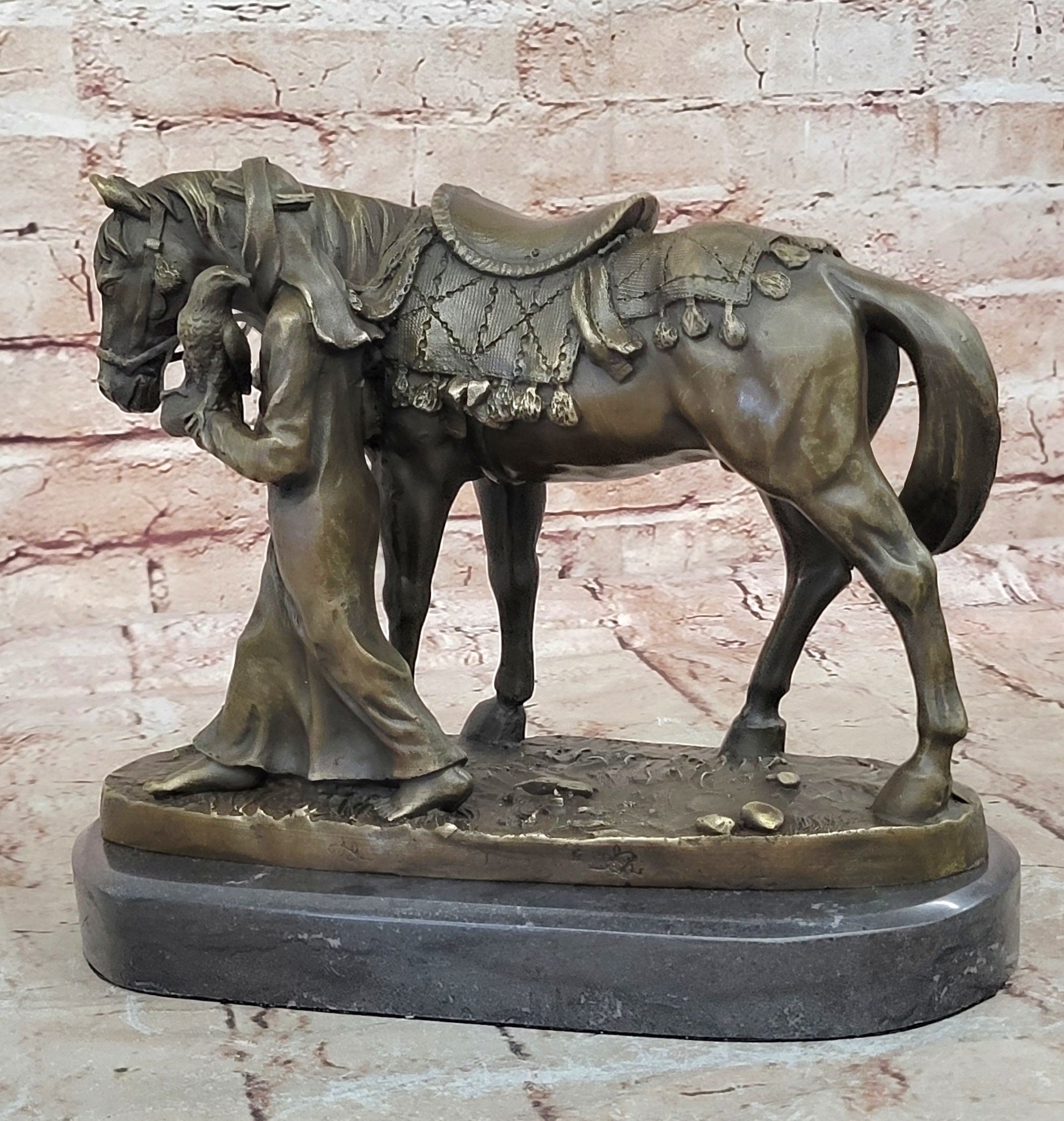 Arabian Charm: Aldo Vitaleh`s Handcrafted Bronze Statue - Arab Man with Falcon