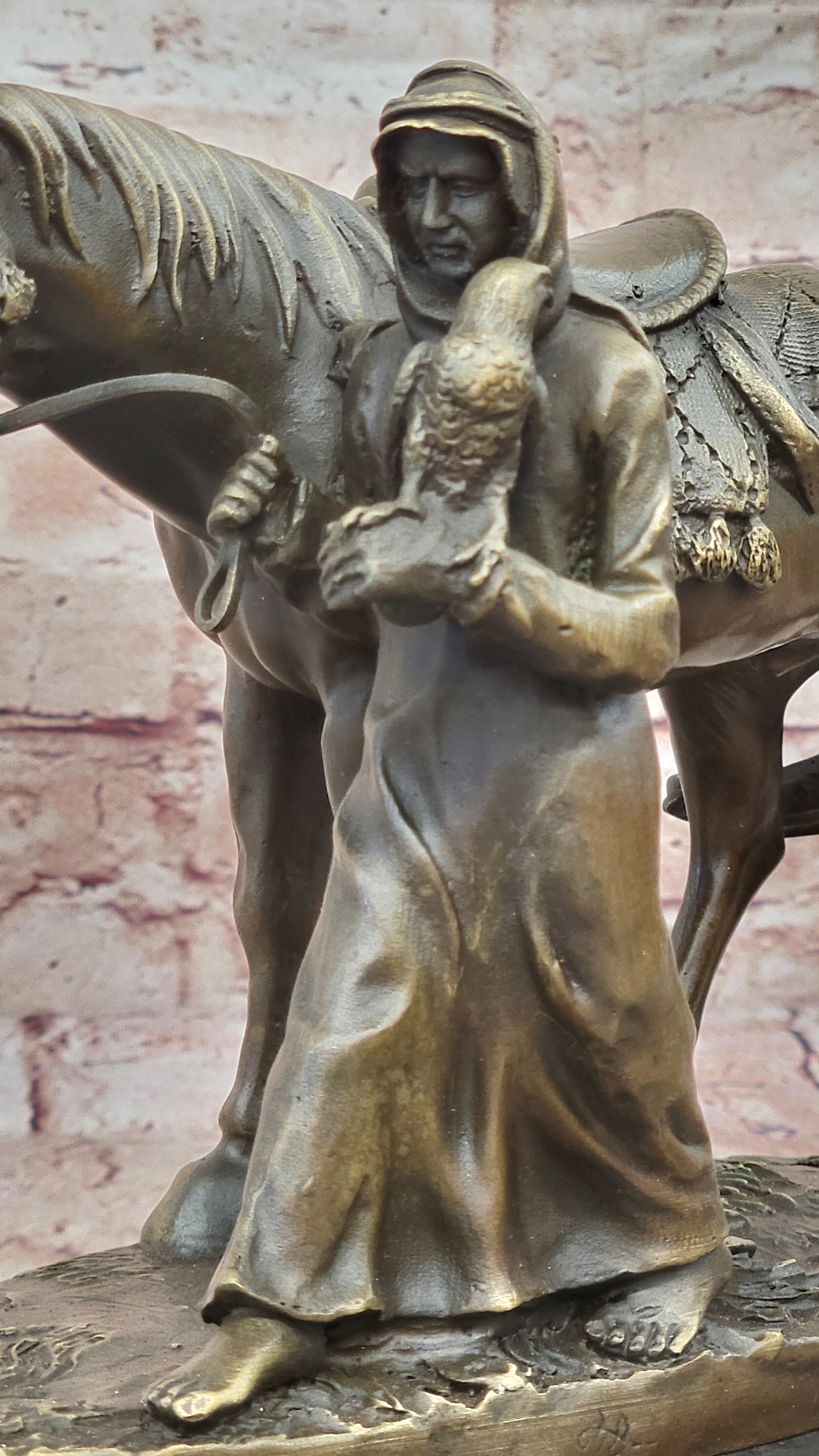 Arabian Charm: Aldo Vitaleh`s Handcrafted Bronze Statue - Arab Man with Falcon
