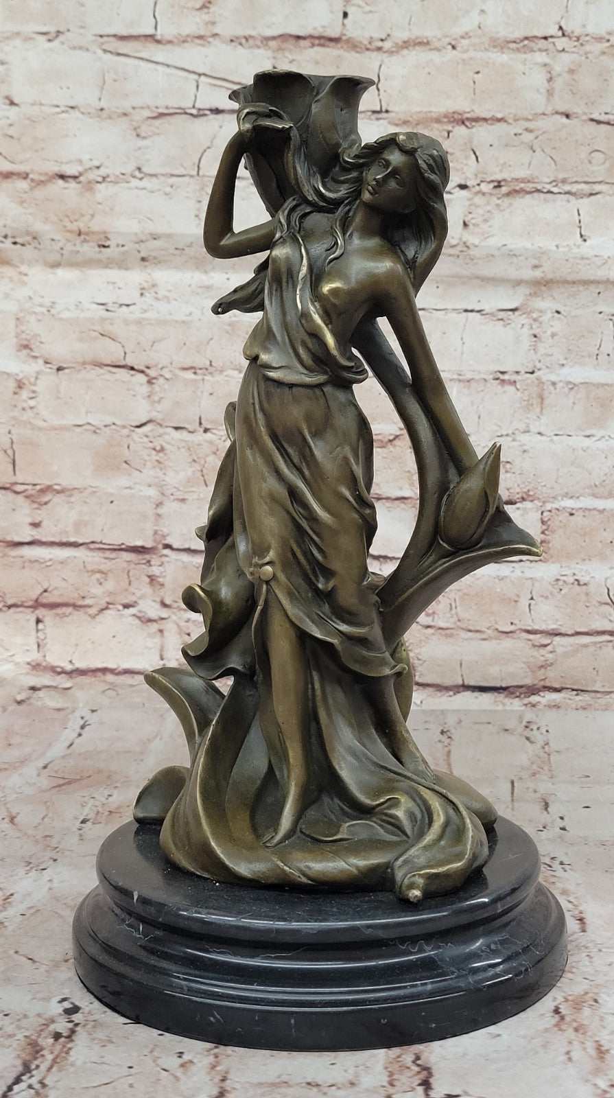 Beautiful Bronze Nymph with Lily Sculpture Hot Cast Female Figure Home Decor