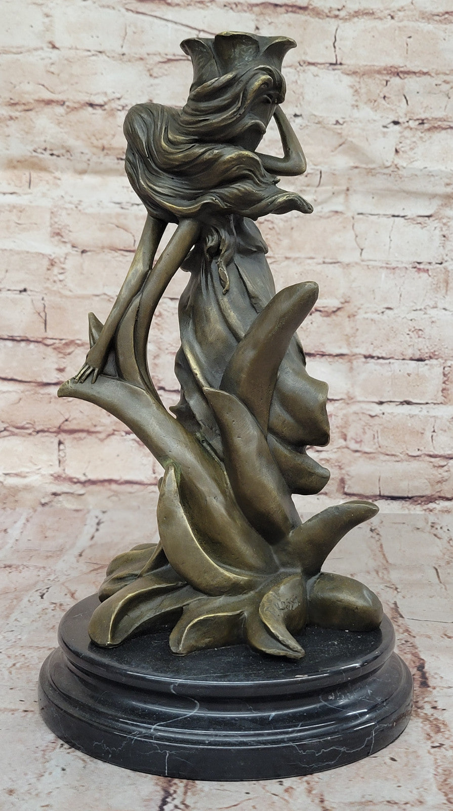 Beautiful Bronze Nymph with Lily Sculpture Hot Cast Female Figure Home Decor