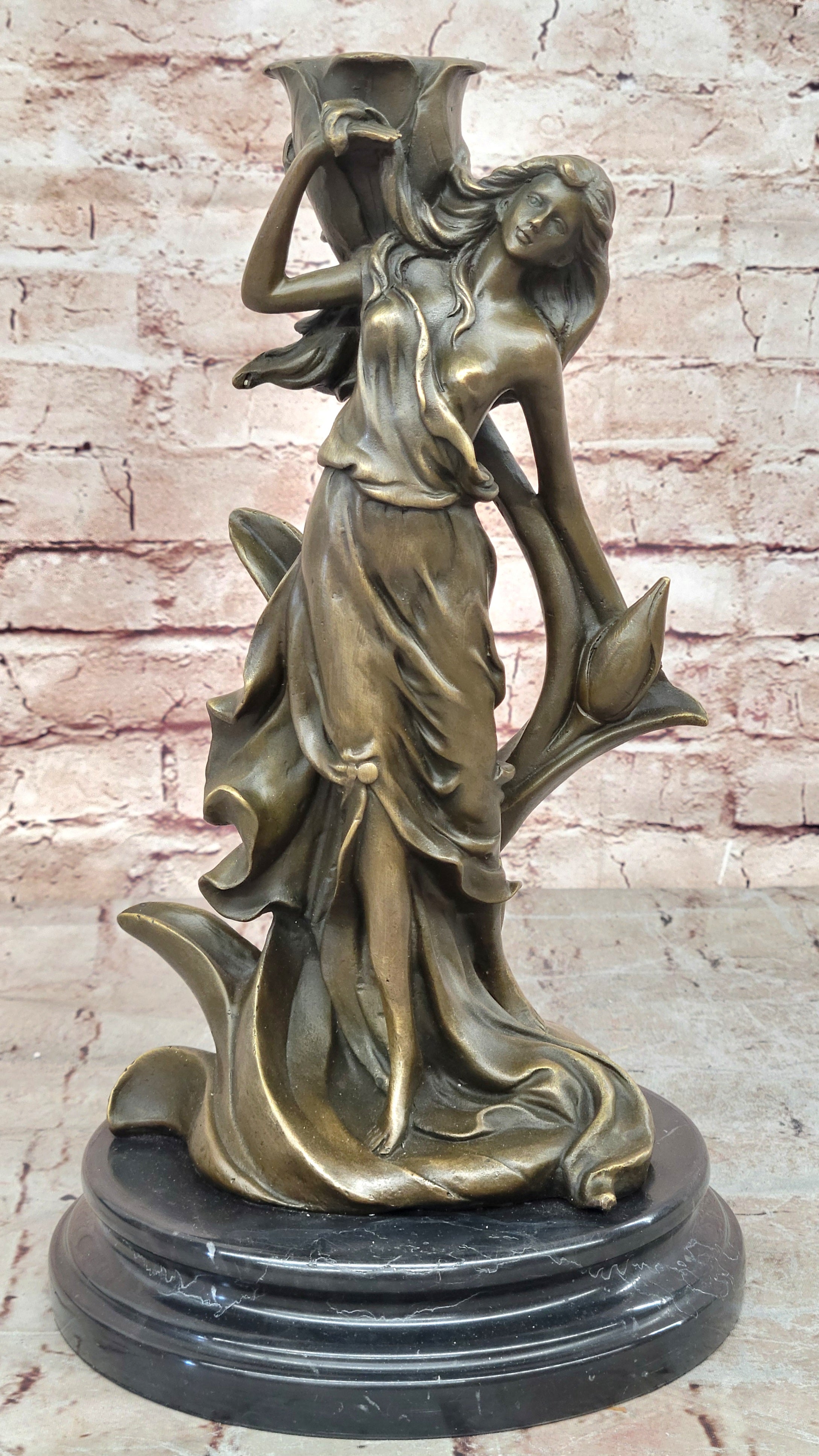 Beautiful Bronze Nymph with Lily Sculpture Hot Cast Female Figure Home Decor