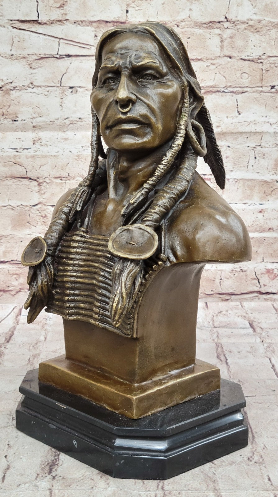 Native American Indian Warrior Chief Bronze Bust Sculpture Statue Figurine Art