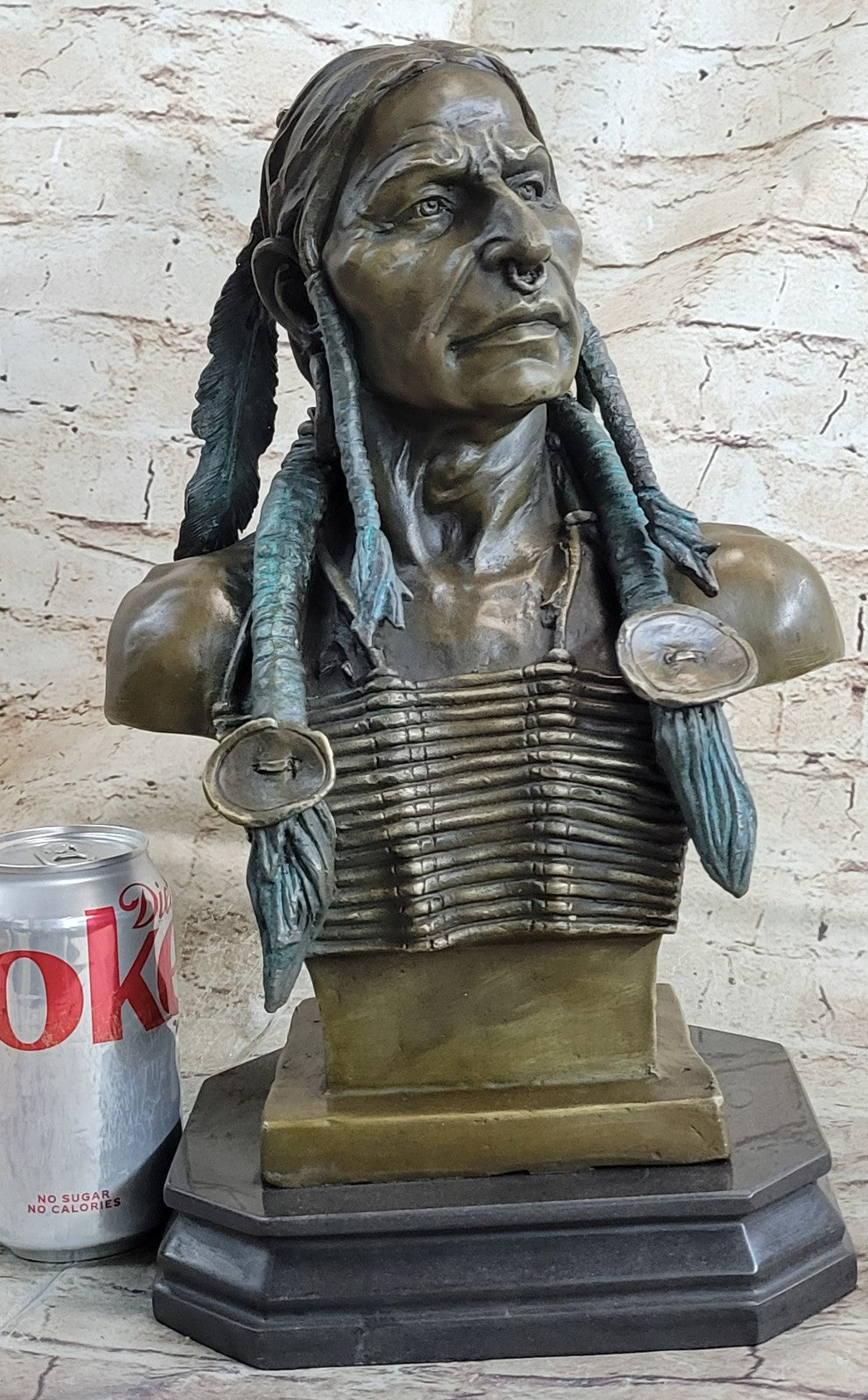 Original Real Bronze Native American Indian Cheif Bear Headdress Bust Sculpture