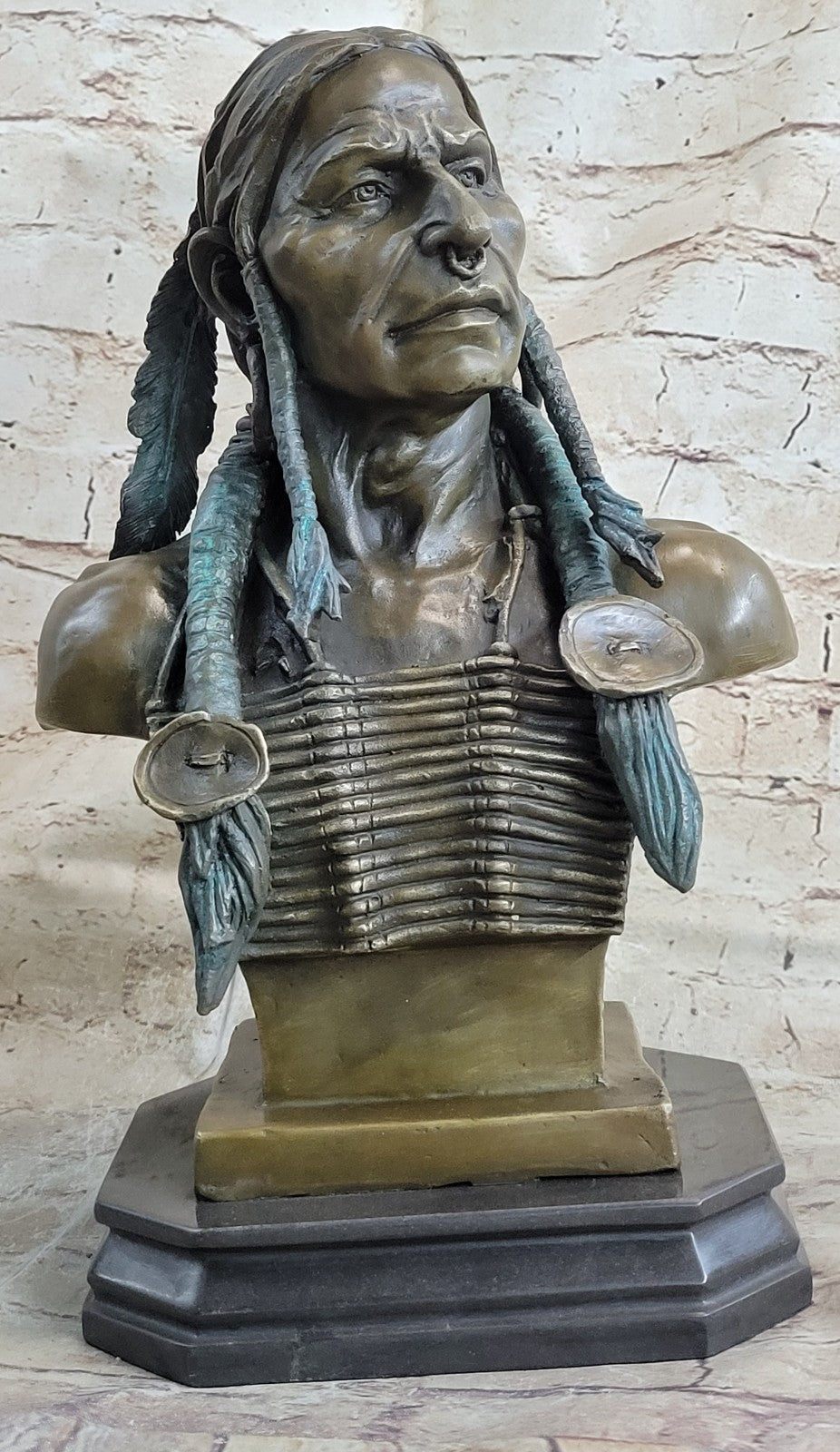 Original Real Bronze Native American Indian Cheif Bear Headdress Bust Sculpture