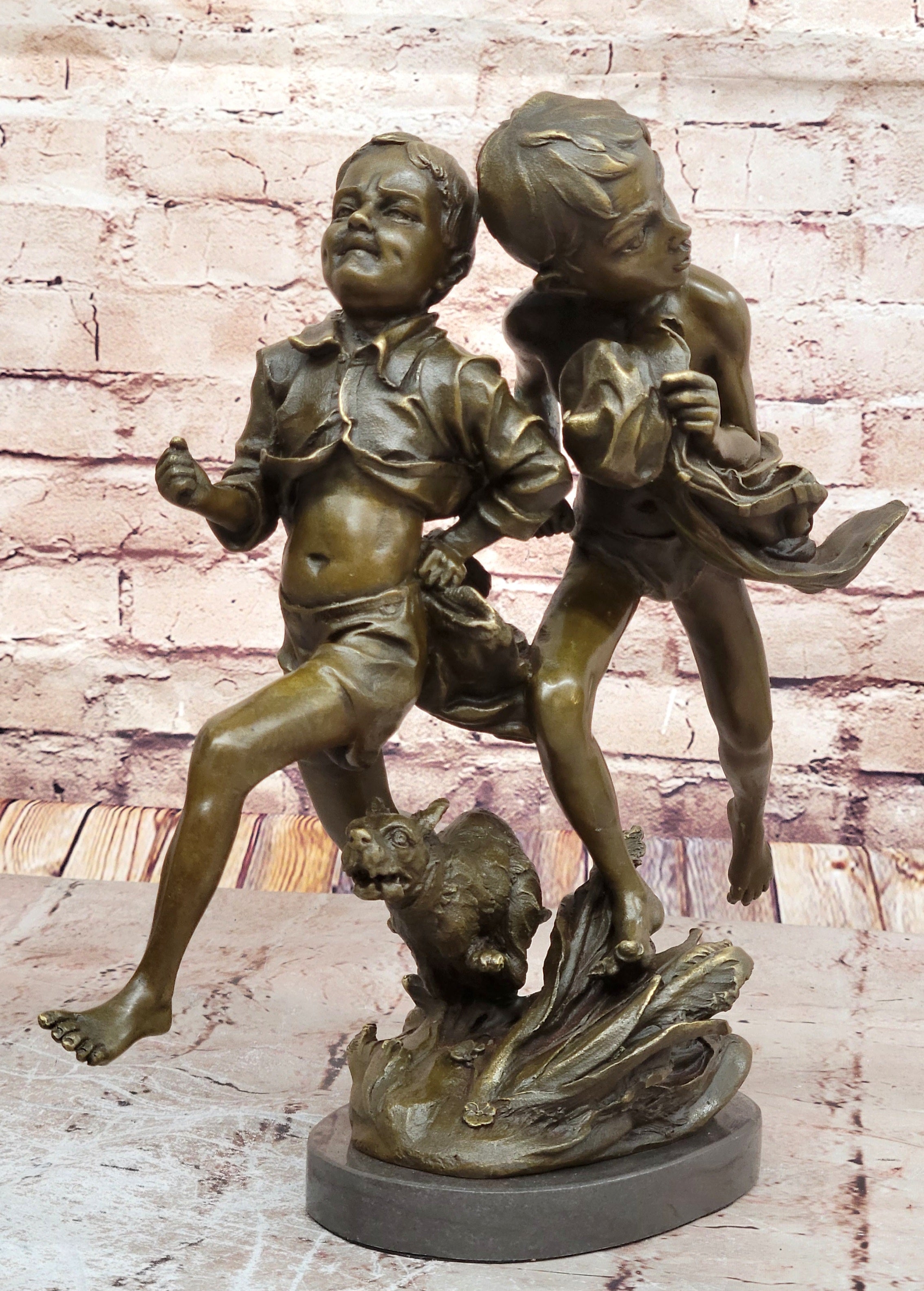 VINTAGE ALDO VITALH BRONZE "BOY RUNNING WITH DOG" SCULPTURE ON MARBLE BASE SALE