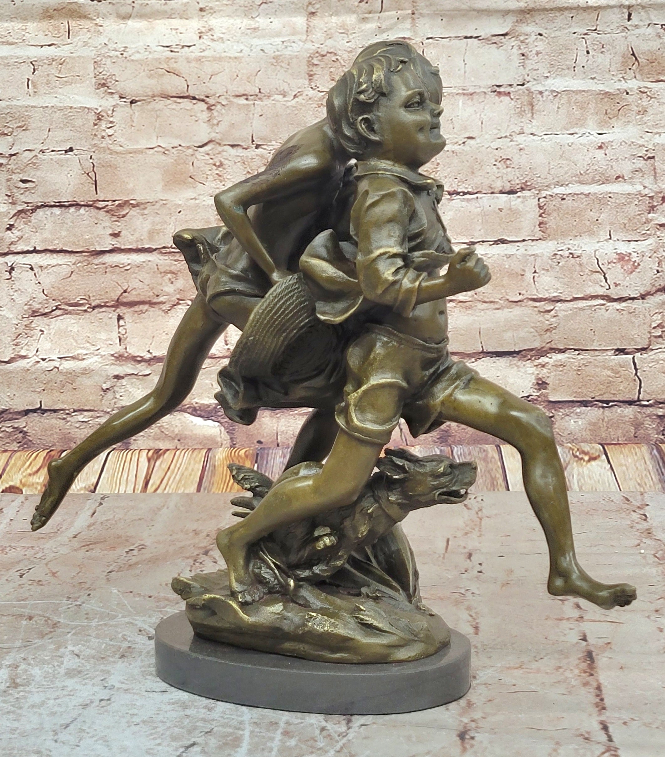 VINTAGE ALDO VITALH BRONZE "BOY RUNNING WITH DOG" SCULPTURE ON MARBLE BASE SALE