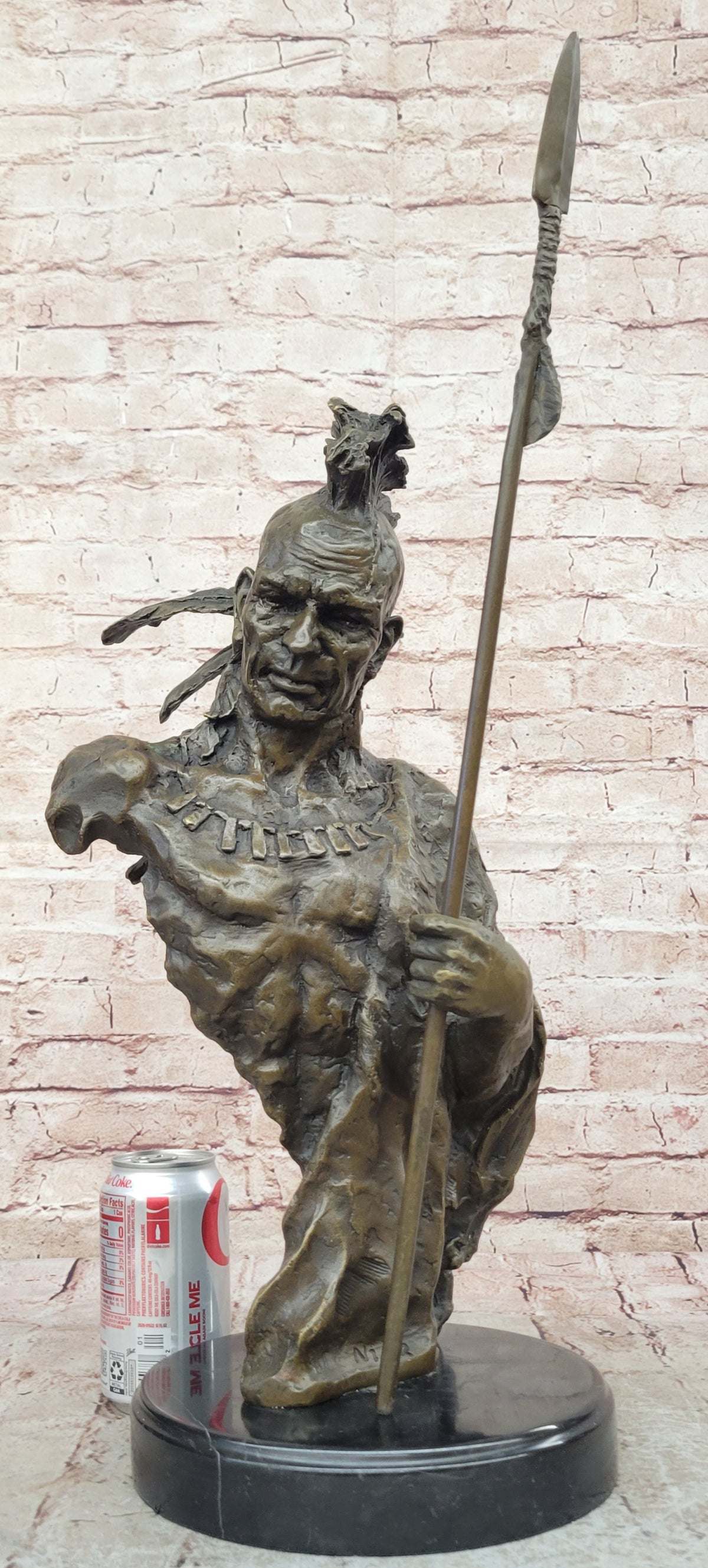 Genuine Bronze Statue Marble Base American Indian Chief Buffalo Headdress Decor