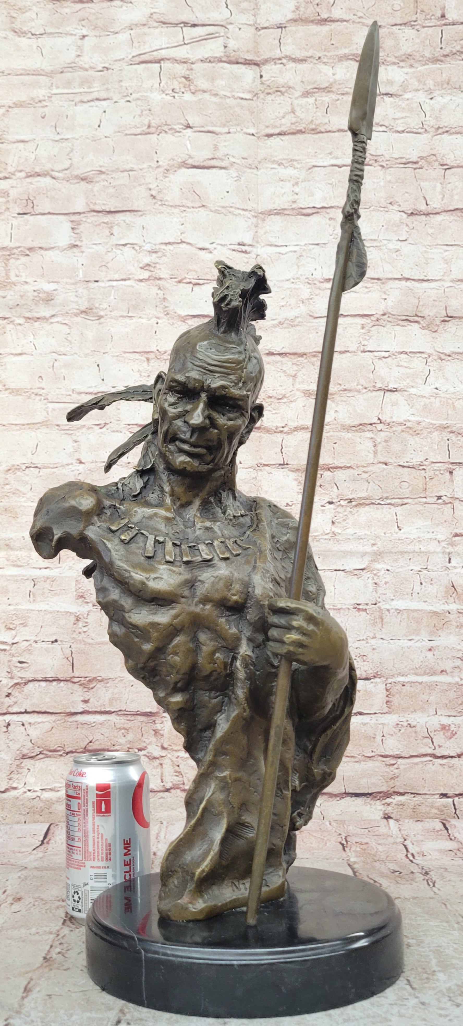 Genuine Bronze Statue Marble Base American Indian Chief Buffalo Headdress Decor