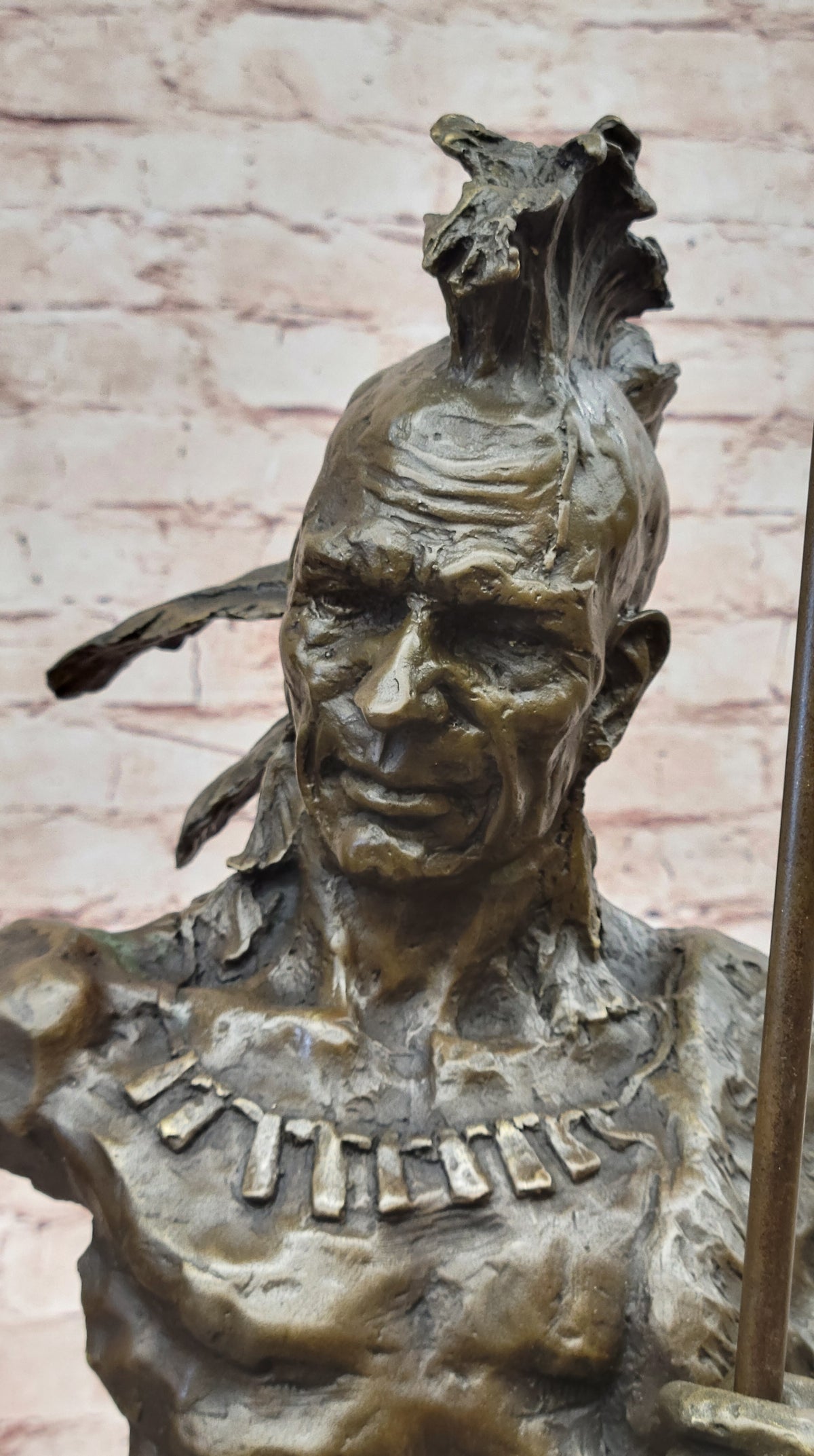 Genuine Bronze Statue Marble Base American Indian Chief Buffalo Headdress Decor