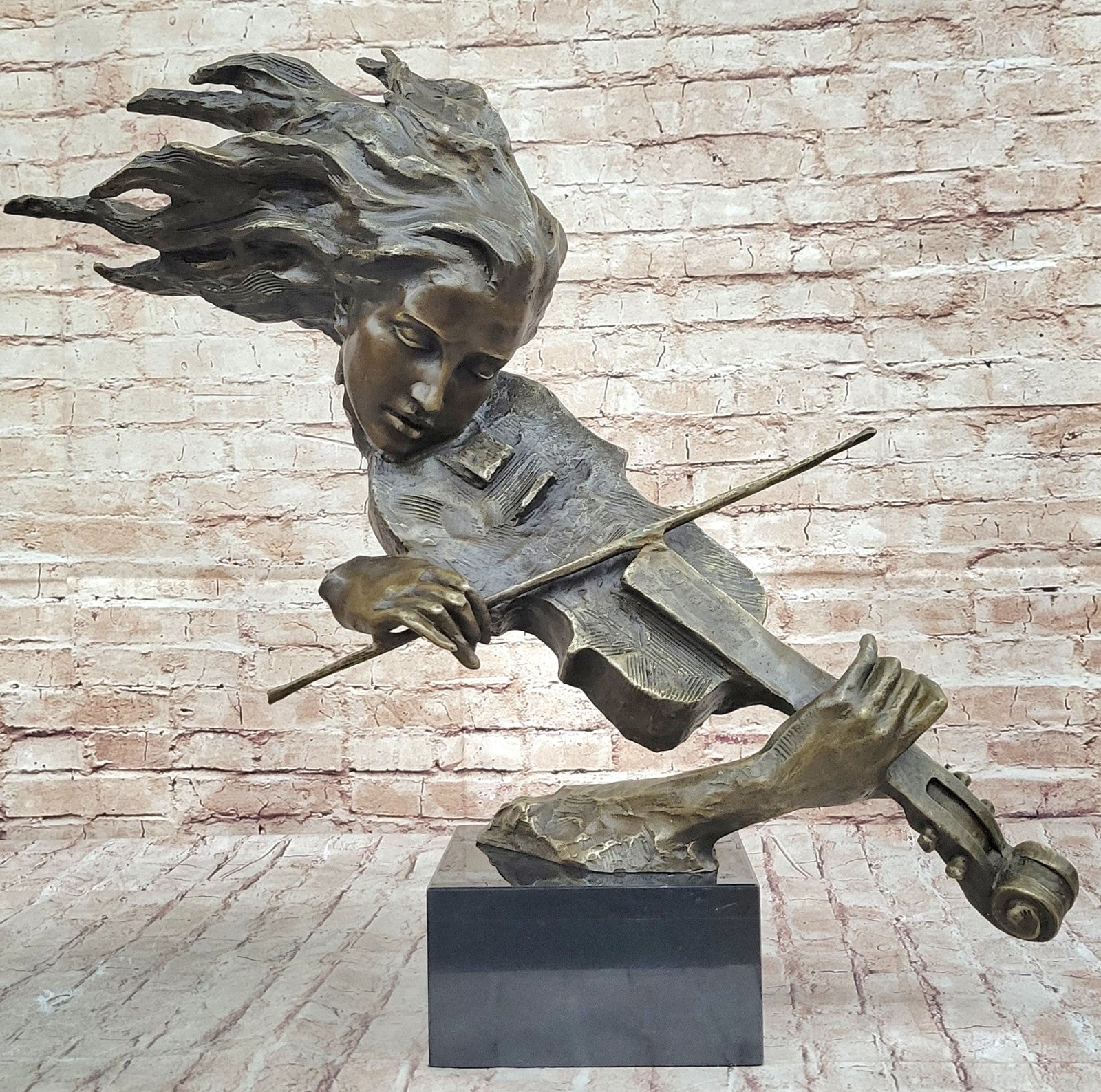 Large Abstract Modern Art Female Violin Player Bronze Sculpture Brown Patina