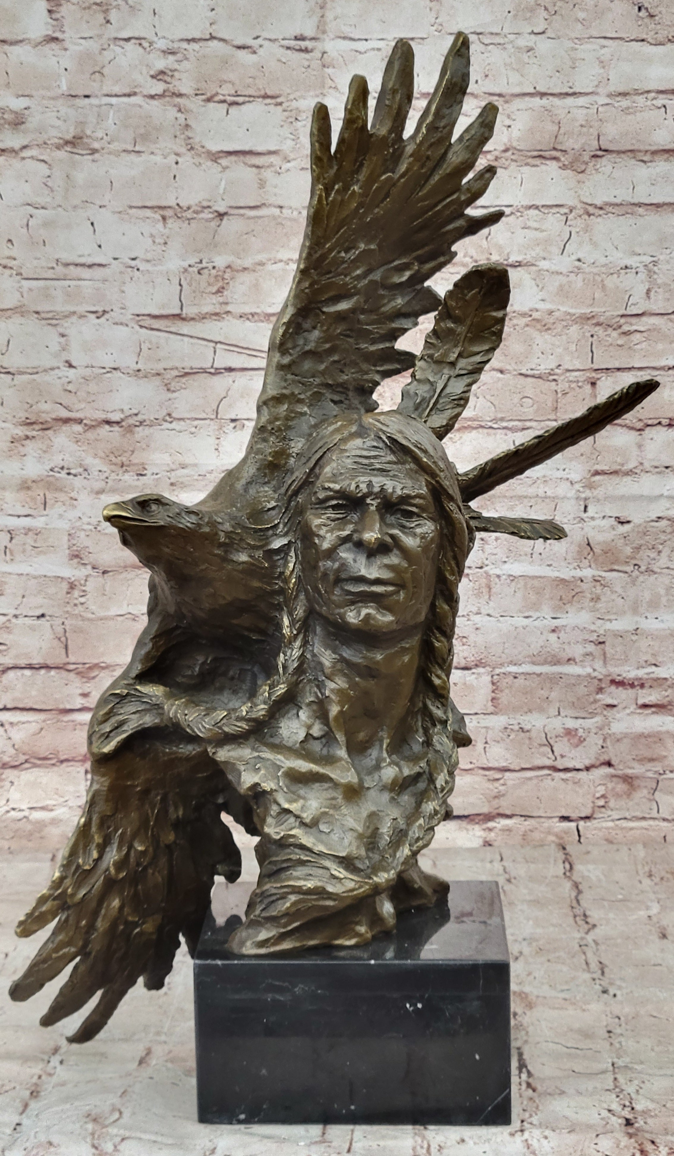 Handcrafted bronze sculpture SALE Bust Eagle Chief Native Indian Marble 26" art