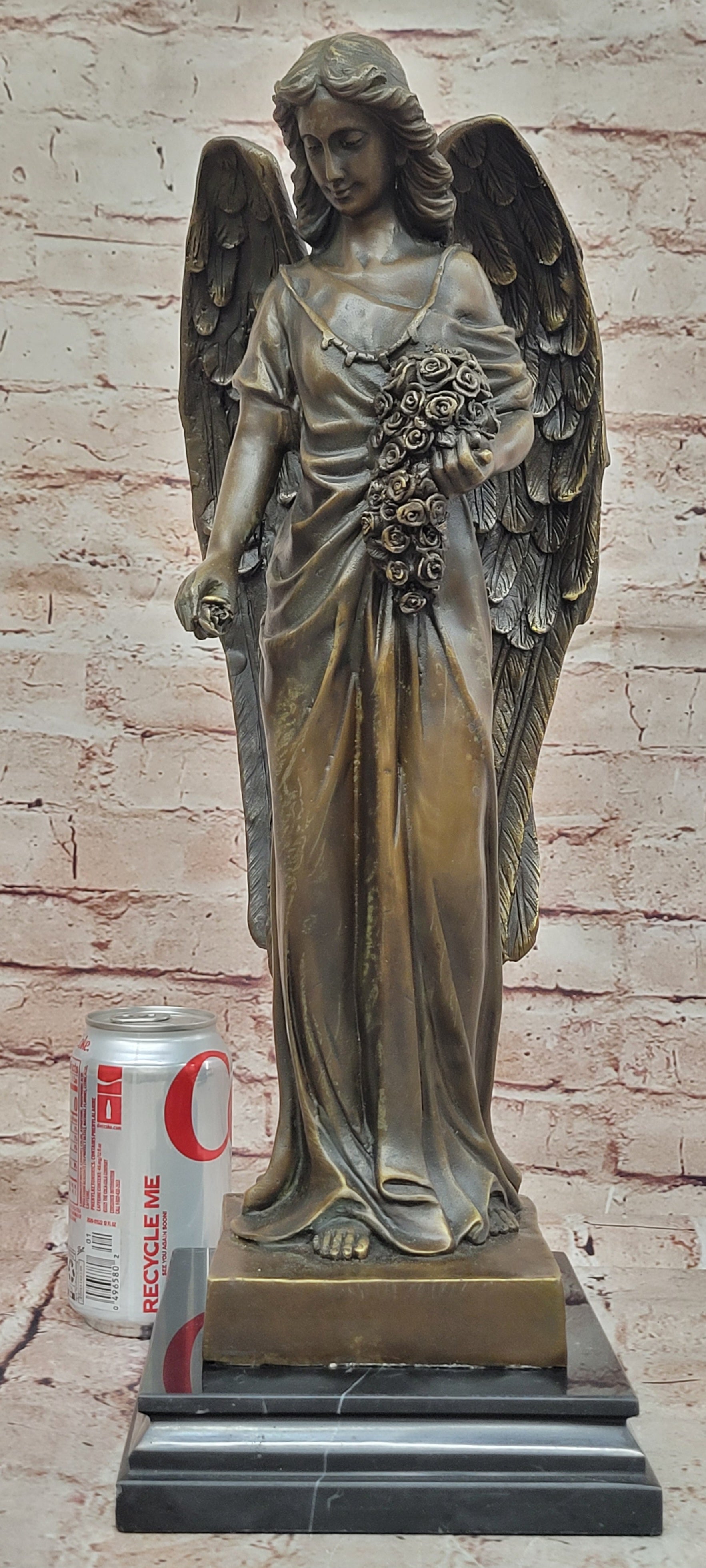 Young Angel Bronze Statue with Flower Bouquet Indoor/Outdoor Sculpture Statue