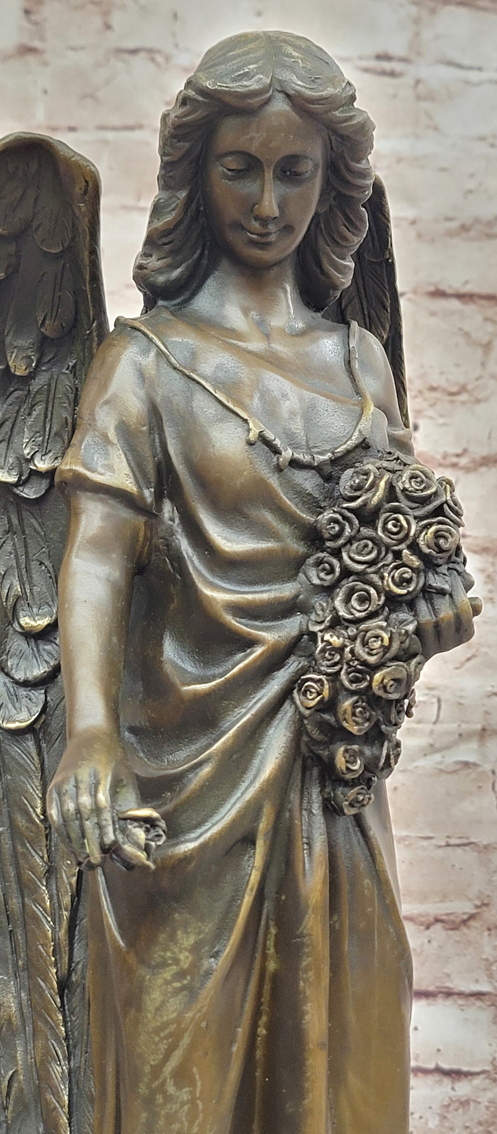 Young Angel Bronze Statue with Flower Bouquet Indoor/Outdoor Sculpture Statue
