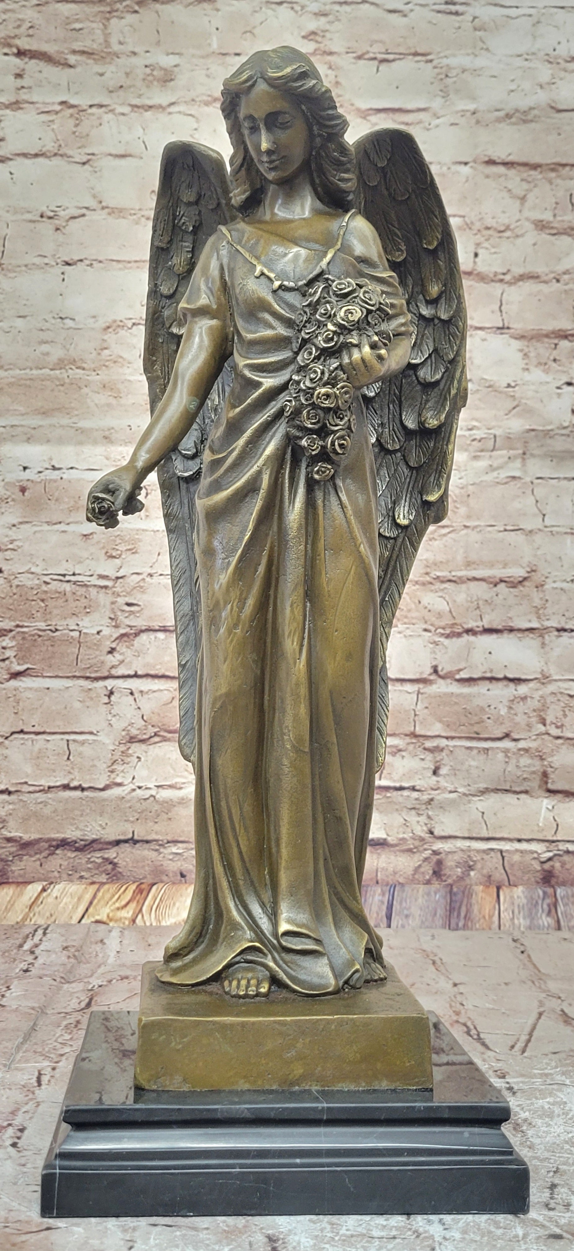 Young Angel Bronze Statue with Flower Bouquet Indoor/Outdoor Sculpture Statue